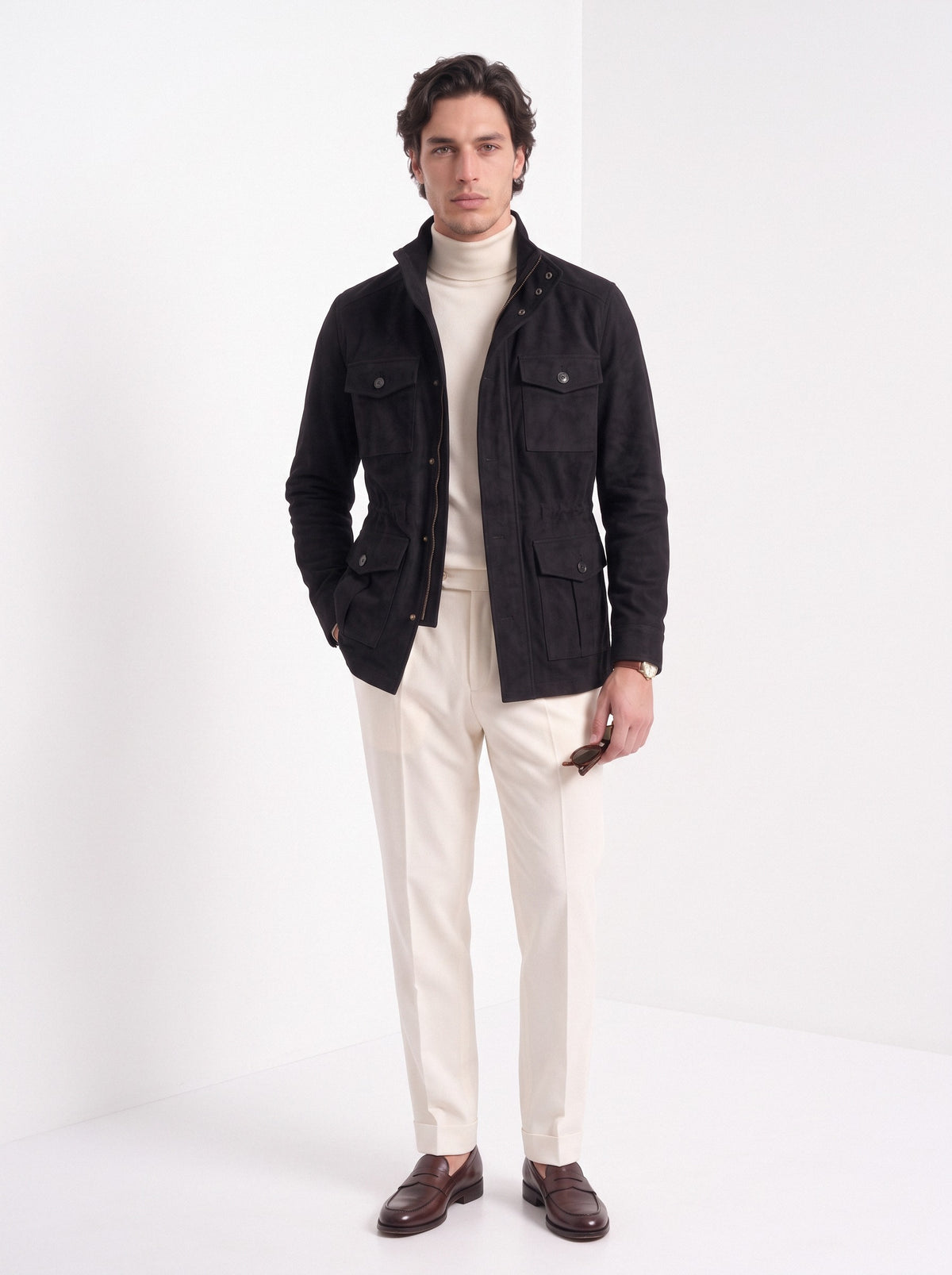BLENIN men's brushed field jacket in black, full-length look