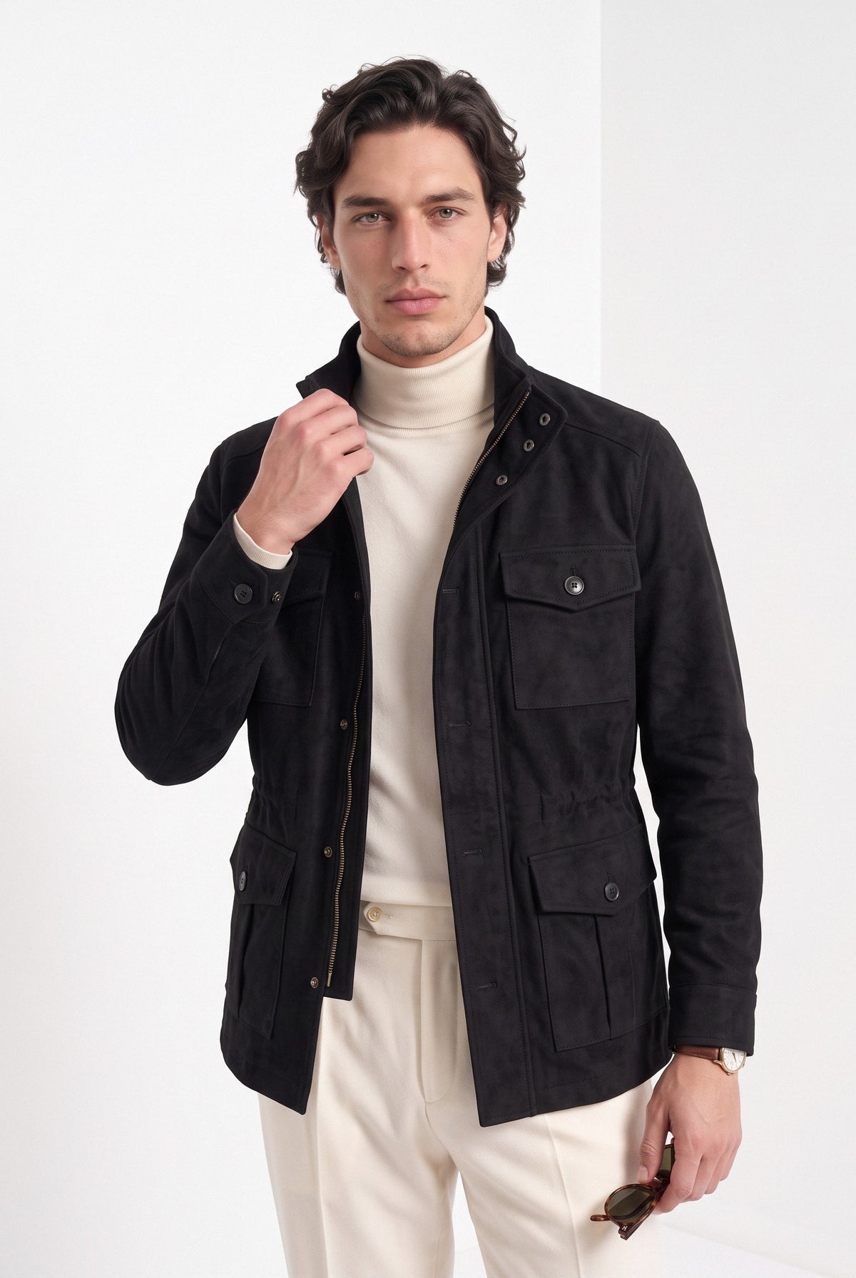 BLENIN men's brushed field jacket in black, front portrait