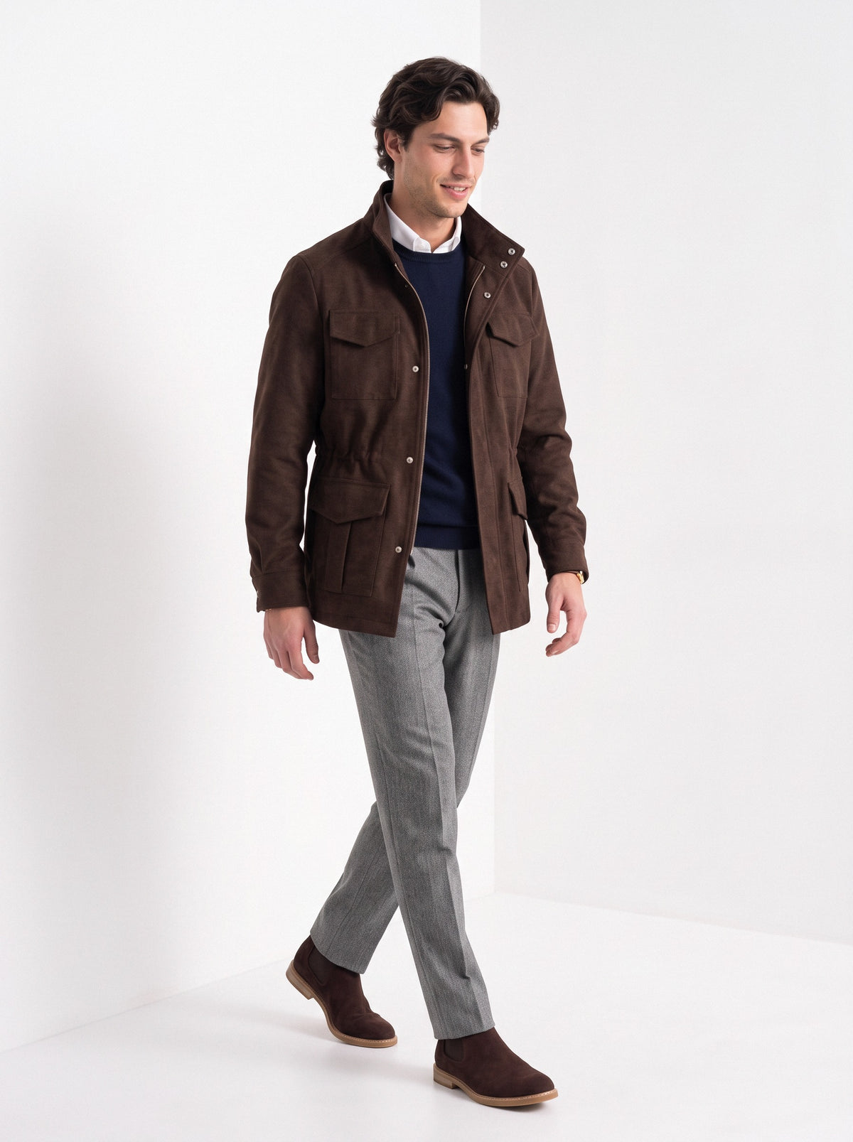 BLENIN men's brushed field jacket in chocolate, full outfit, walking