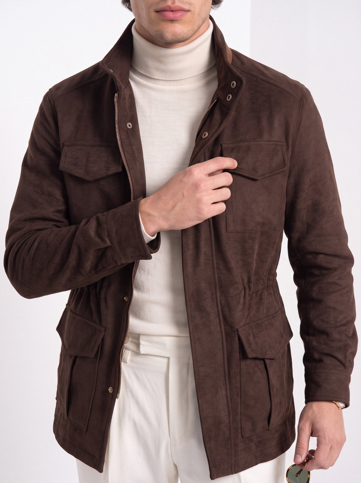 BLENIN men's brushed field jacket in chocolate, close-up of the details