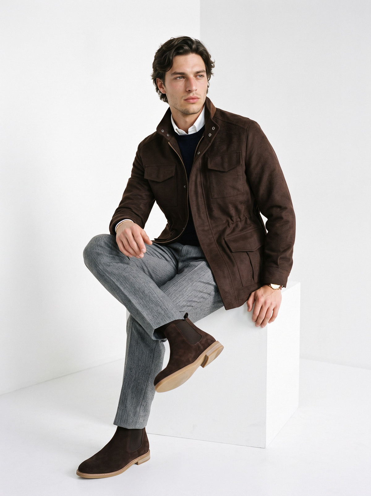 BLENIN men's brushed field jacket in chocolate, seated, full outfit