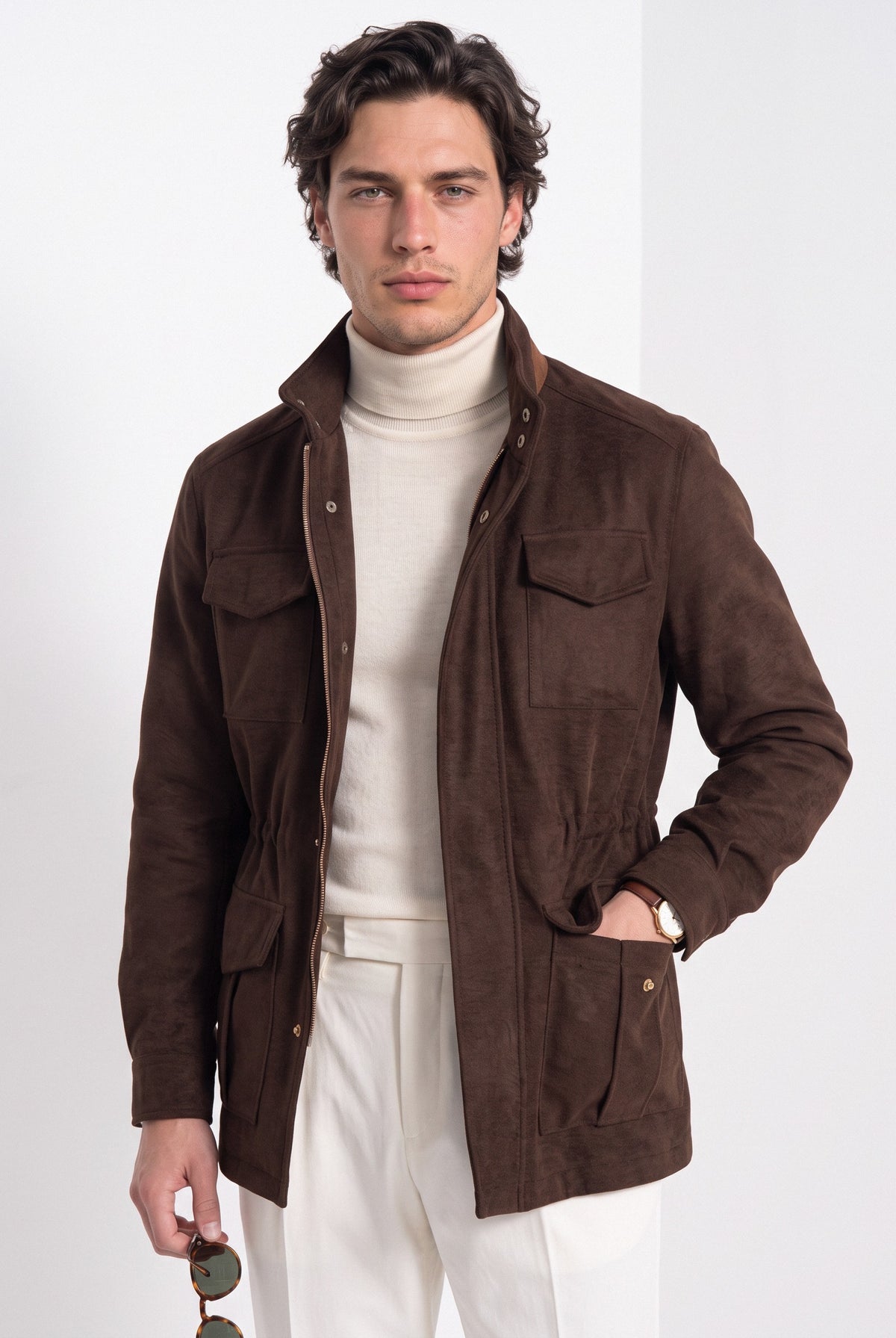 BLENIN men's brushed field jacket in chocolate, front portrait