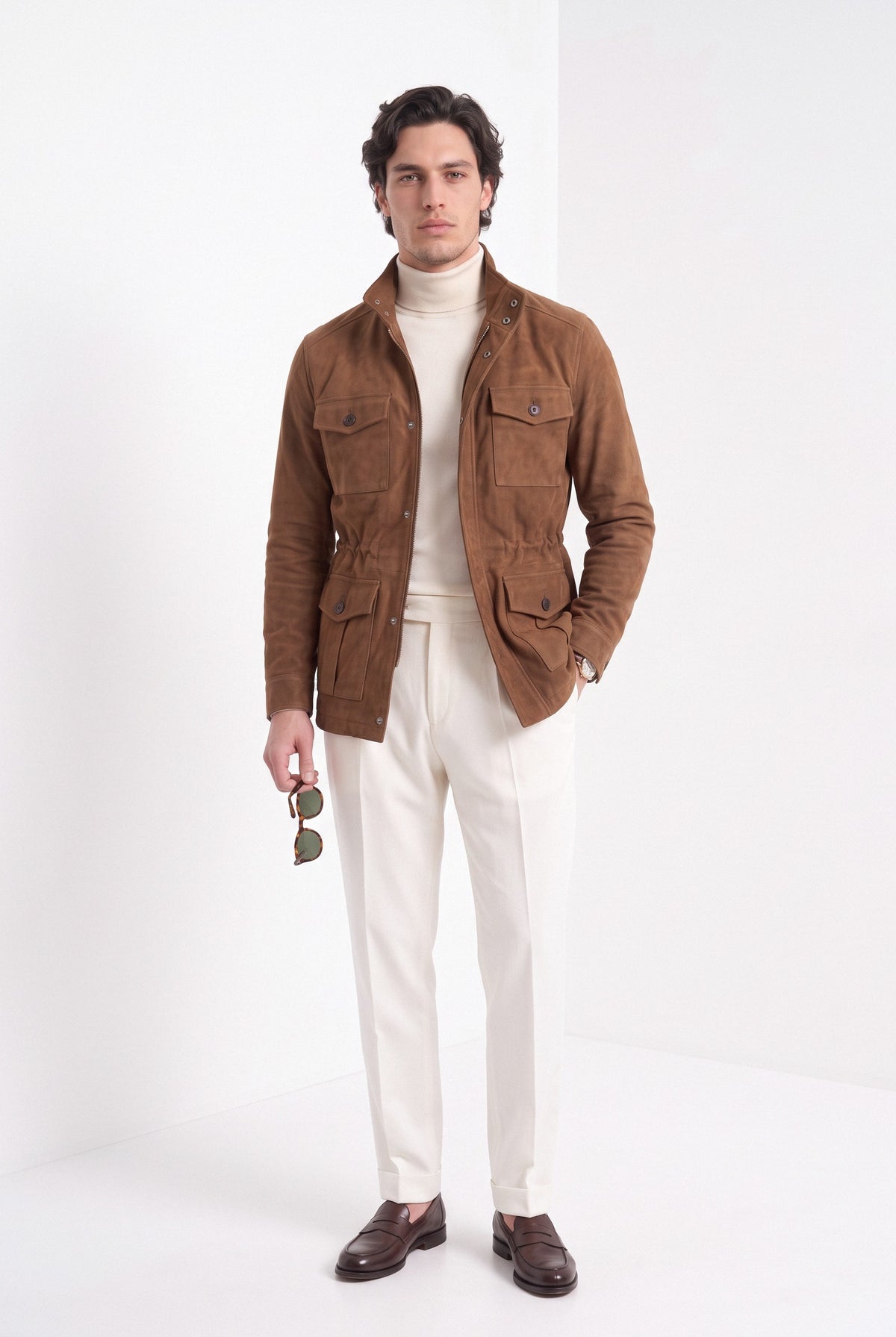 BLENIN men's brushed field jacket in tobacco, full-length look
