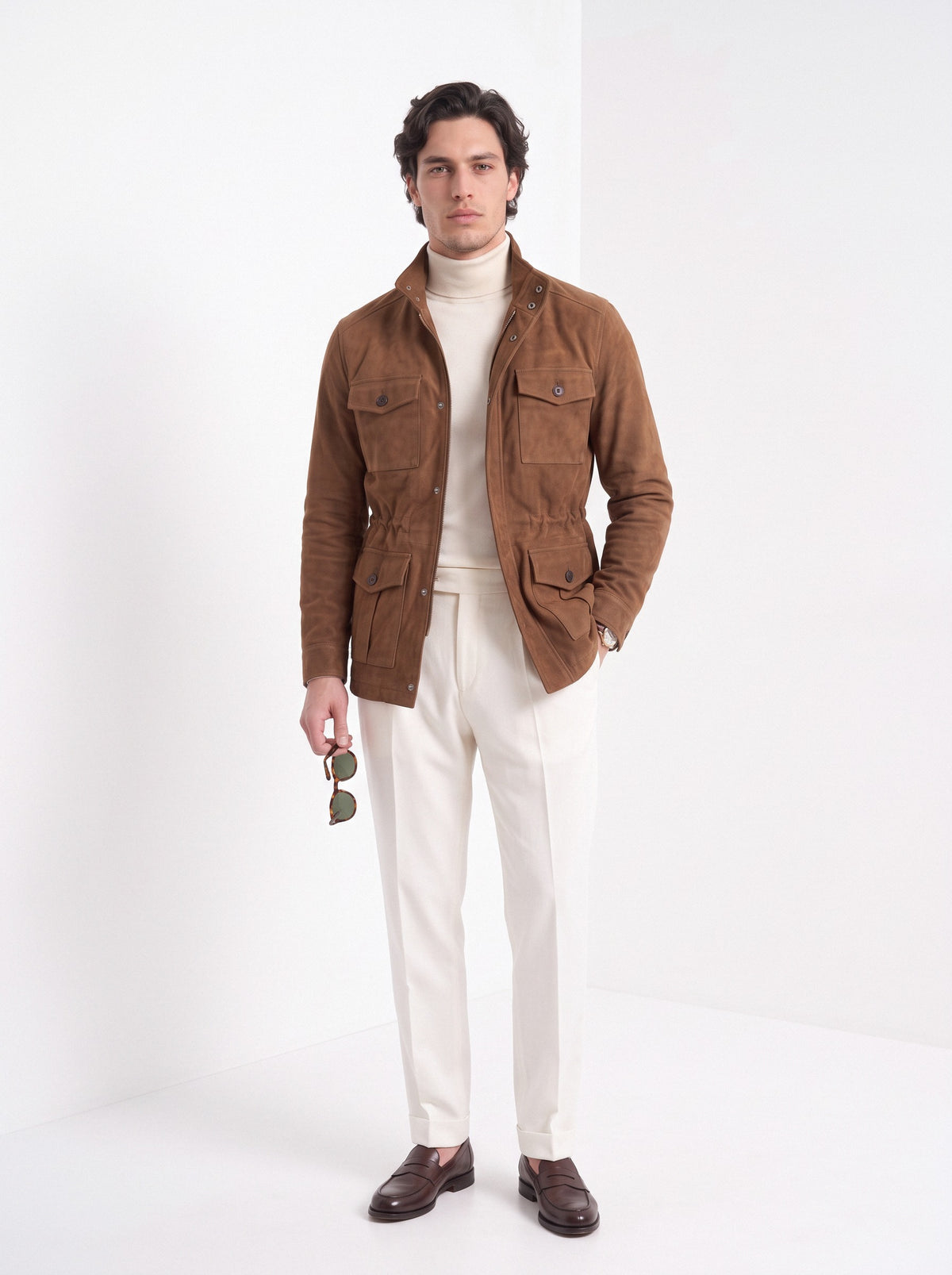 BLENIN men's brushed field jacket in tobacco, full-length look