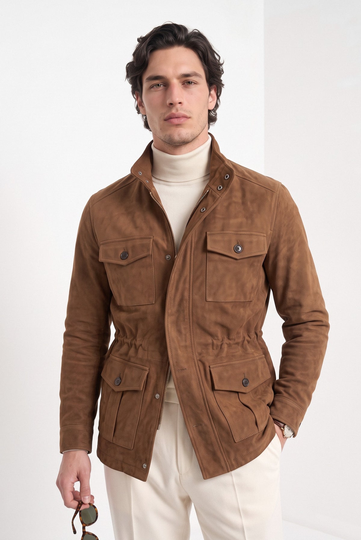 BLENIN men's brushed field jacket in tobacco, front portrait
