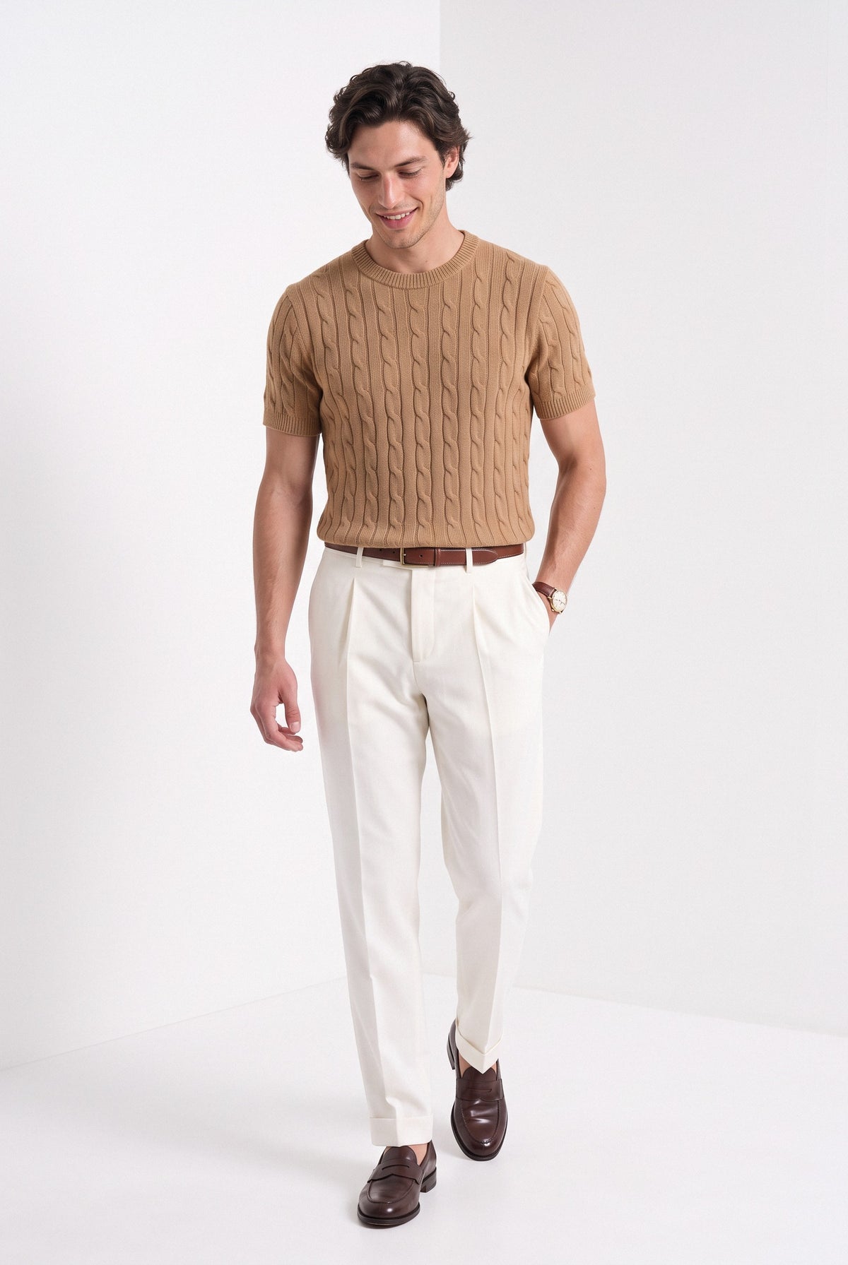 Men's cashmere cable knit T-shirt in camel, full-length