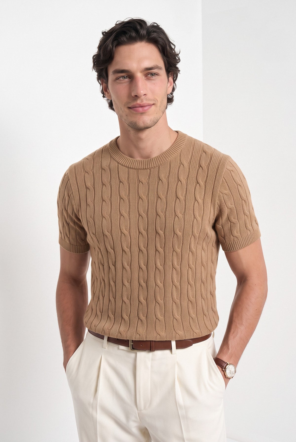Men's cashmere cable knit T-shirt in camel, front portrait