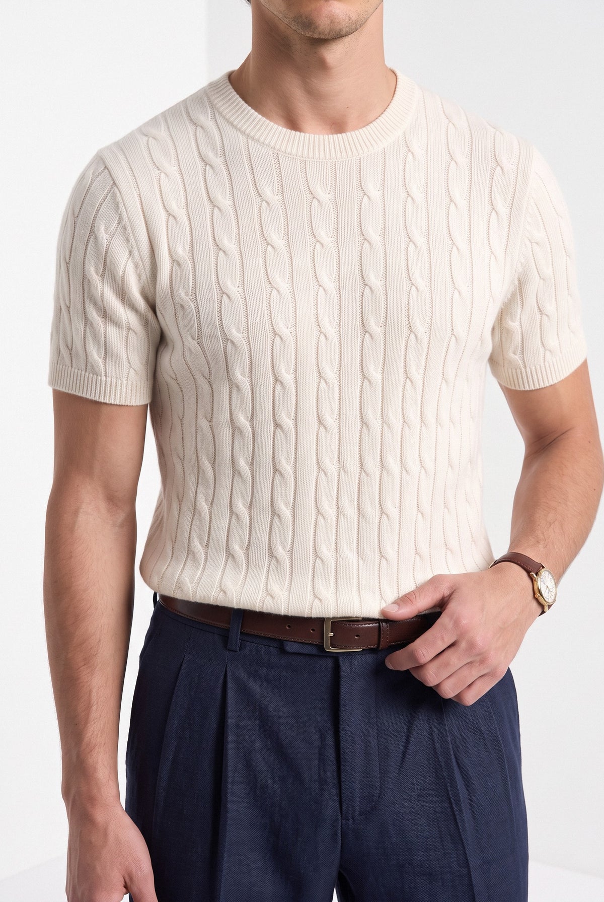 Men's cashmere cable knit T-shirt in cream, close-up detail