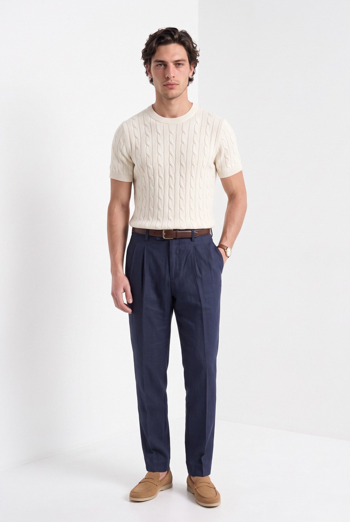 Men's cashmere cable knit T-shirt in cream, full-length