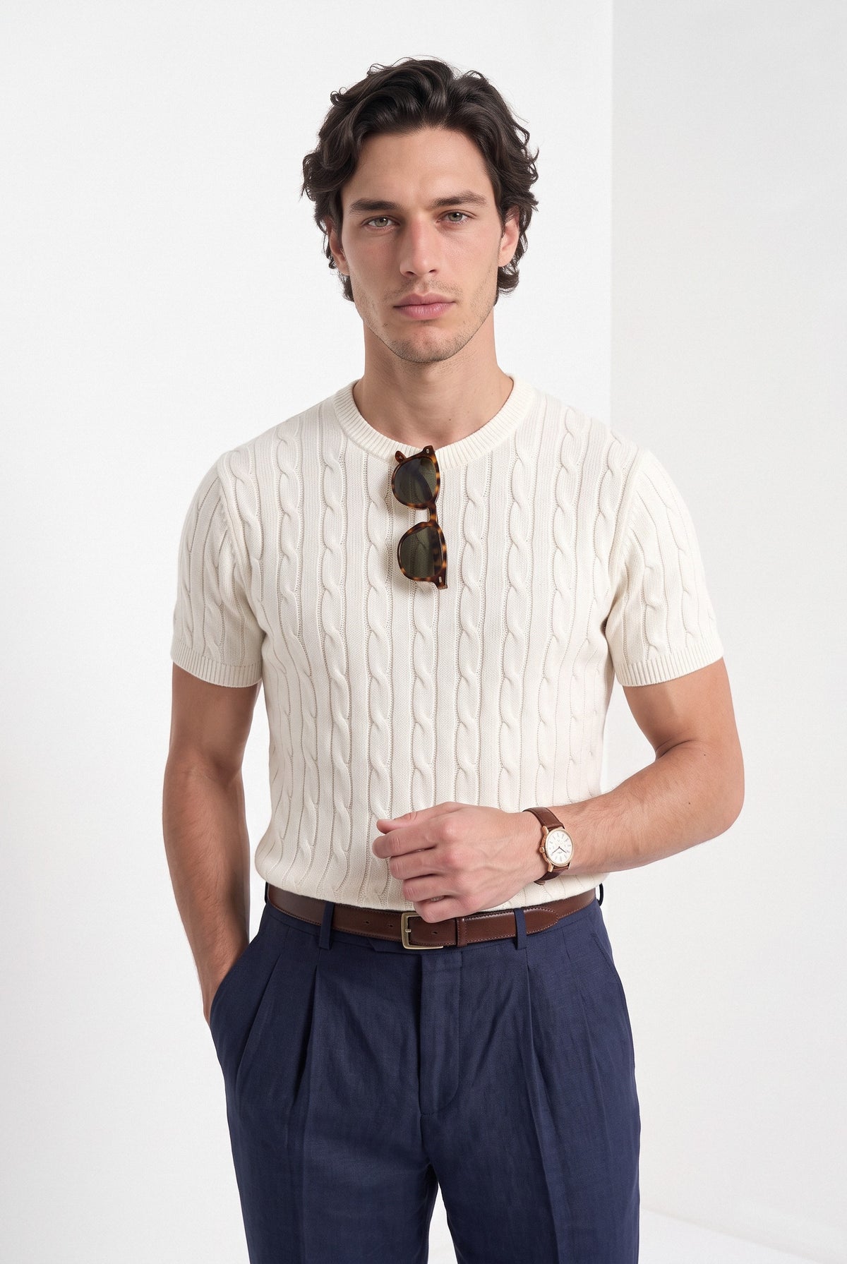 Men's cashmere cable knit T-shirt in cream, front portrait