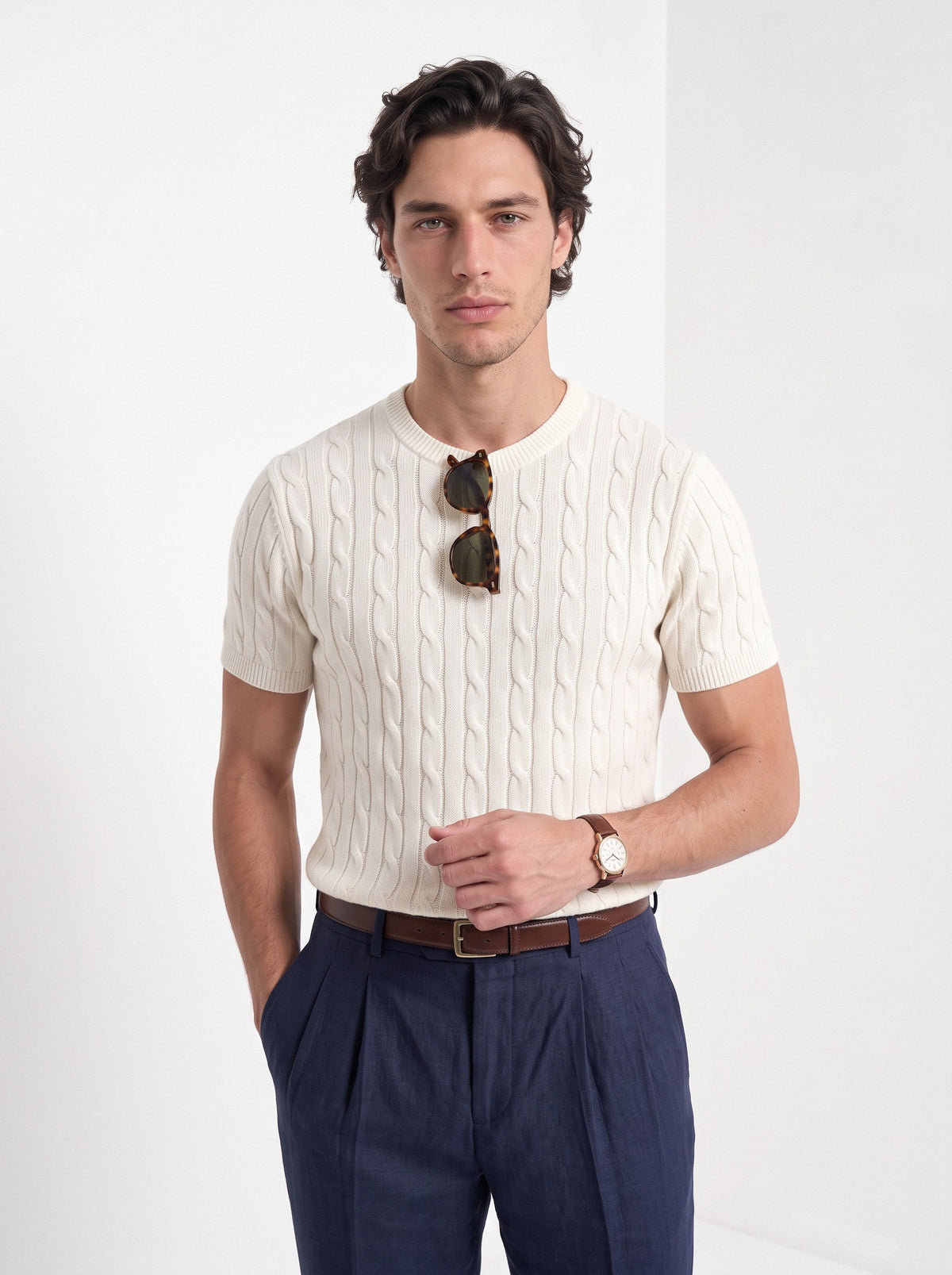 Men's cashmere cable knit T-shirt in cream, front portrait