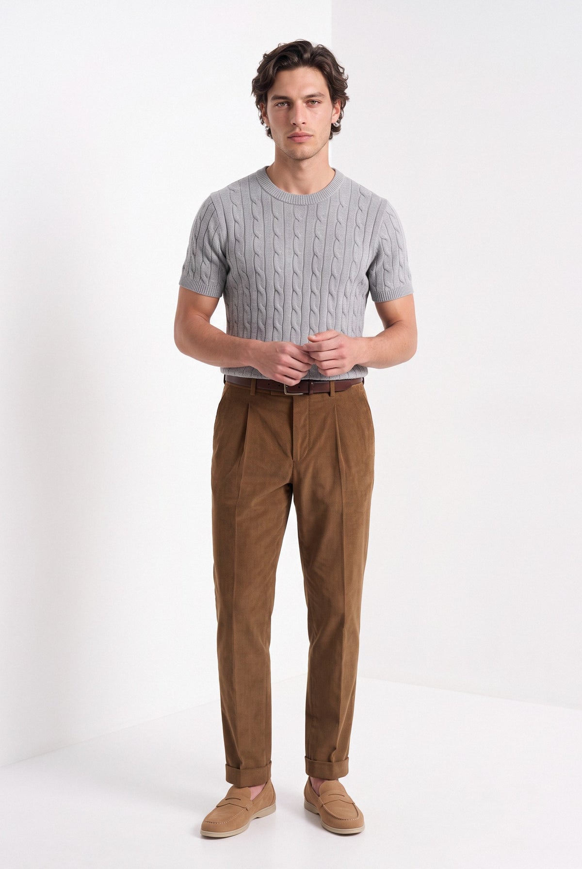 Men's cashmere cable knit T-shirt in grey, full-length