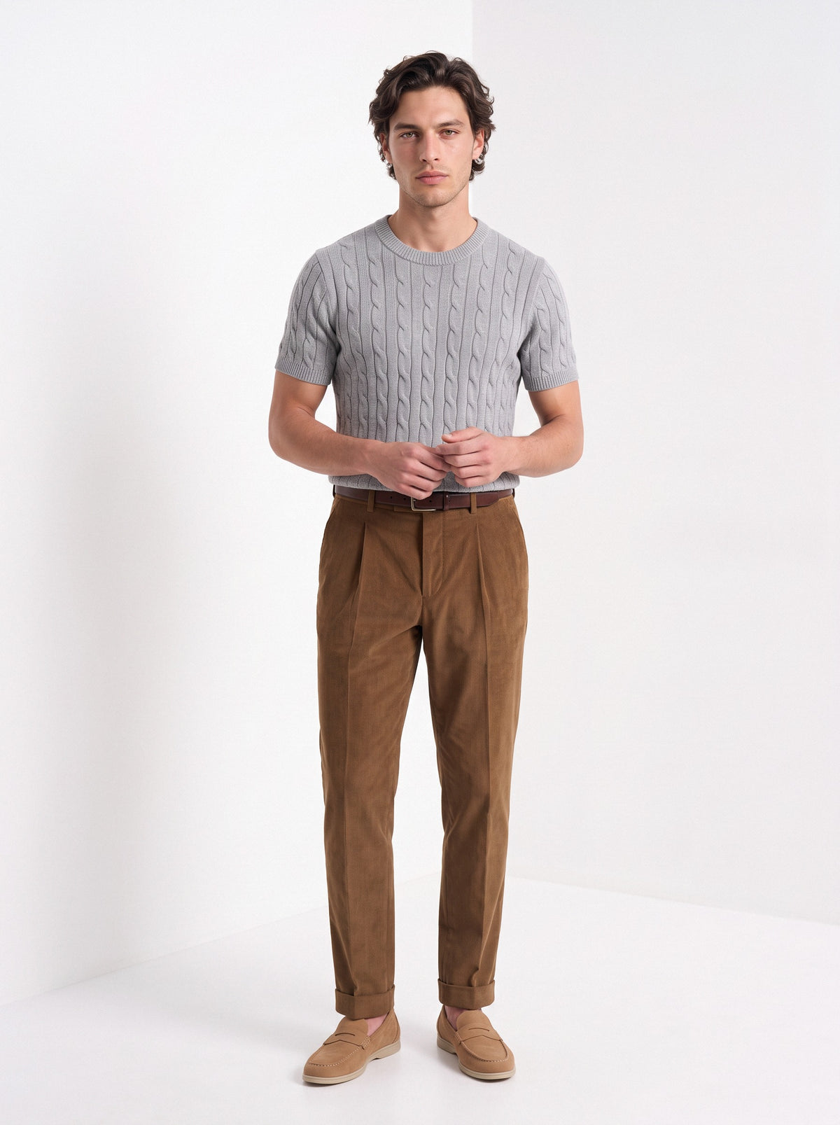 Men's cashmere cable knit T-shirt in grey, full-length