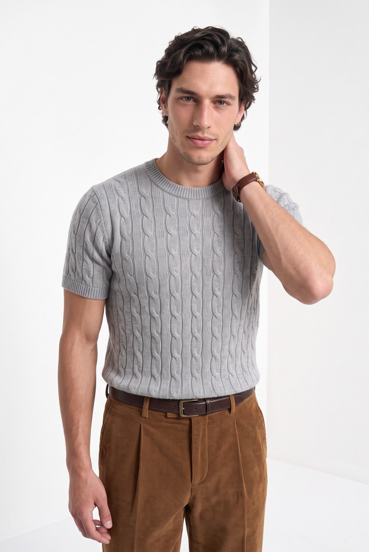 Men's cashmere cable knit T-shirt in grey, front portrait