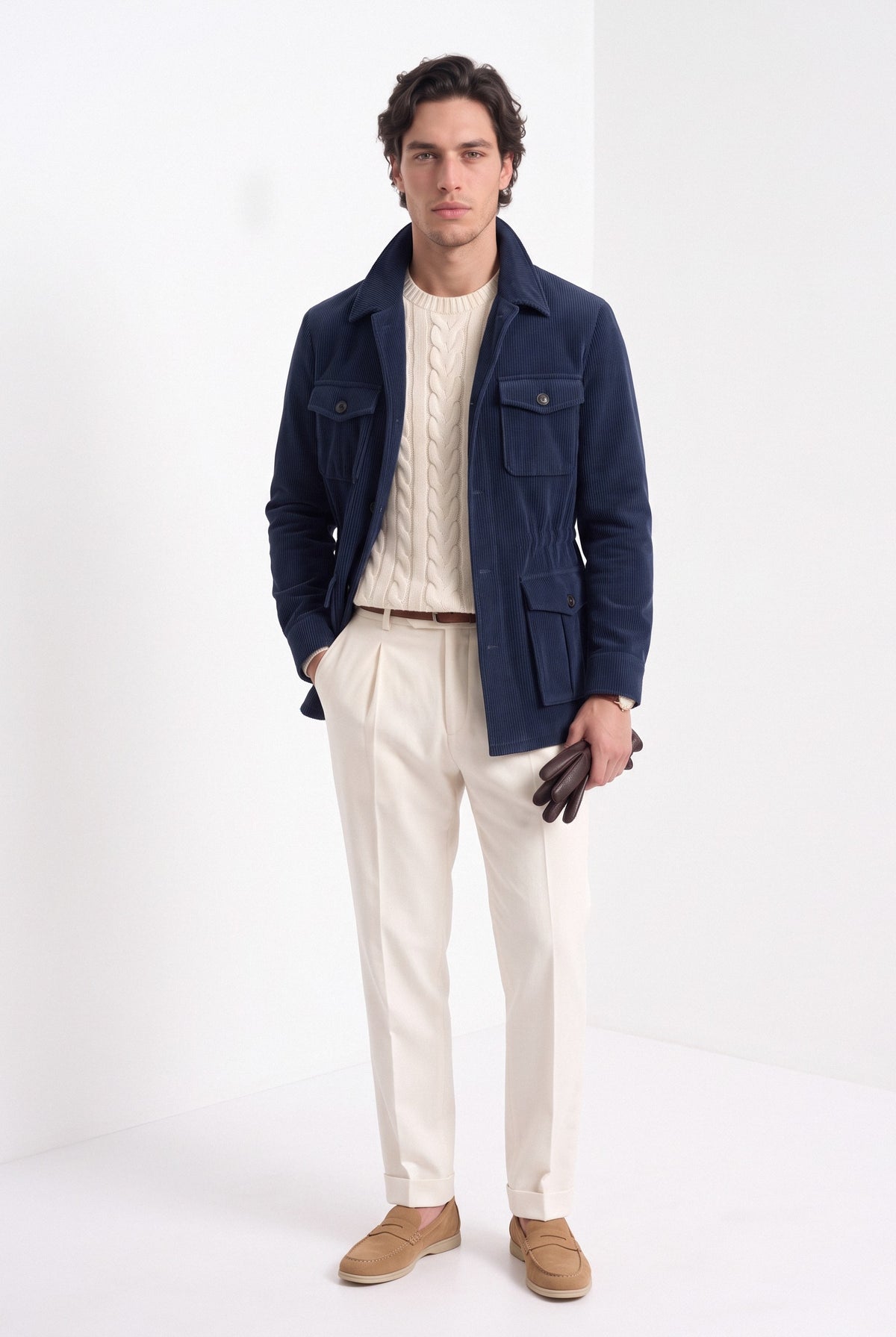 BLENIN men's corduroy field jacket in navy, full-length look