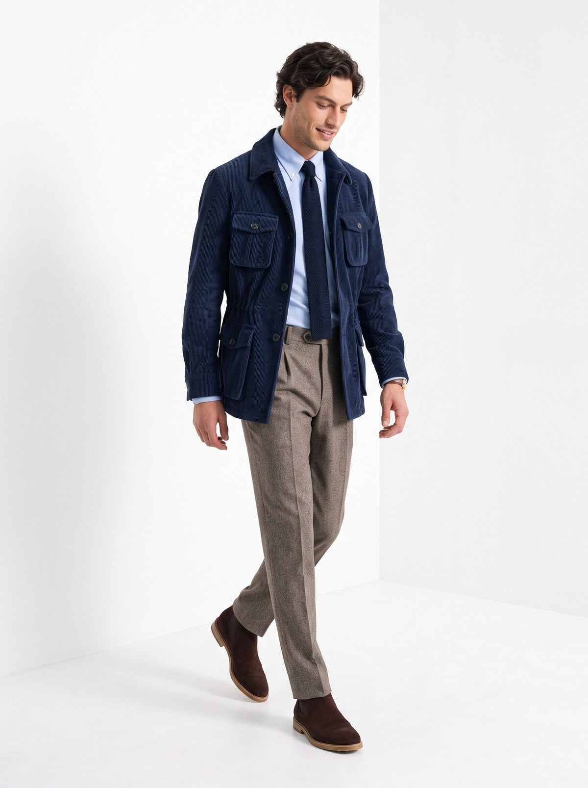 BLENIN men's corduroy field jacket in navy, full outfit, walking