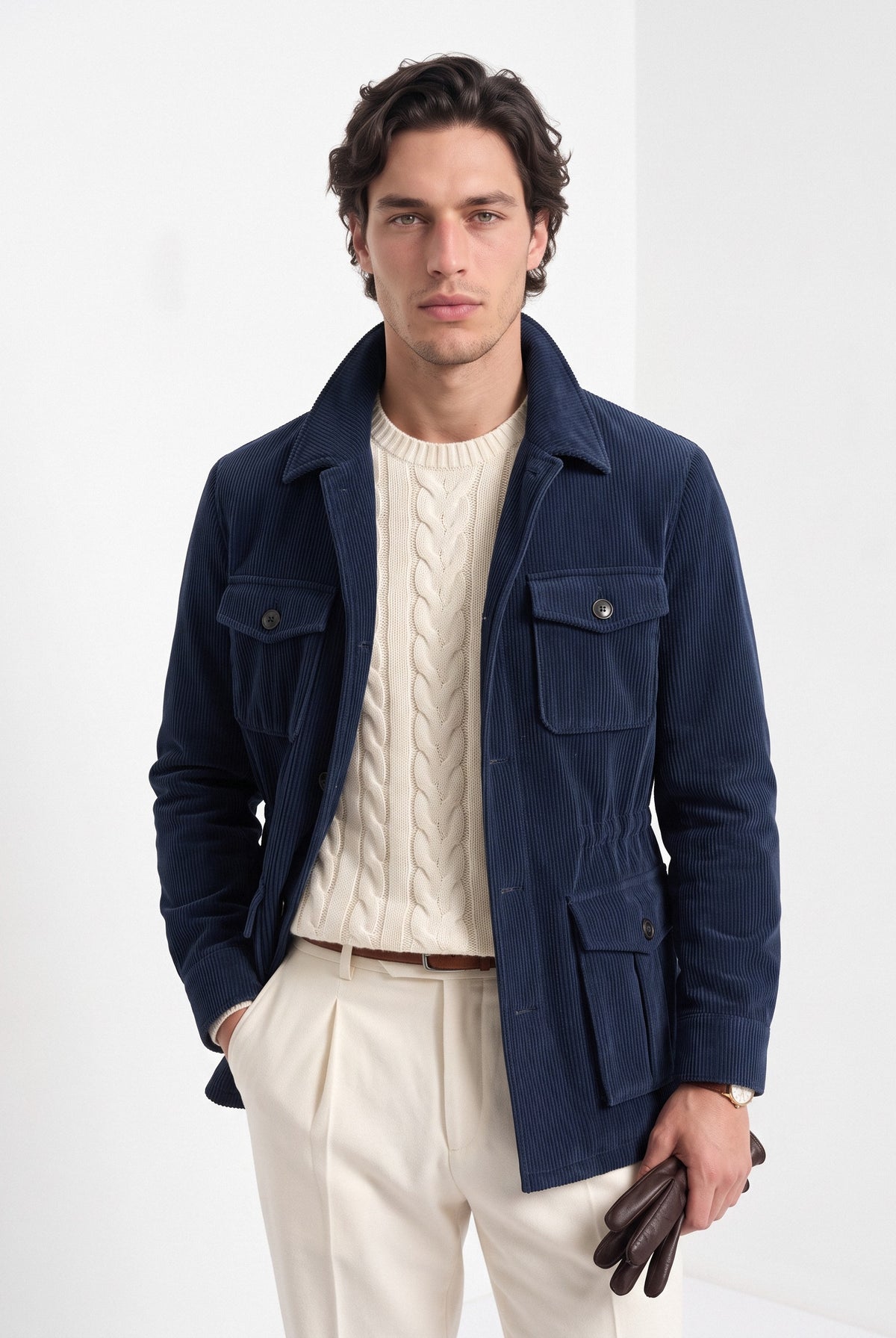 BLENIN men's corduroy field jacket in navy, front portrait
