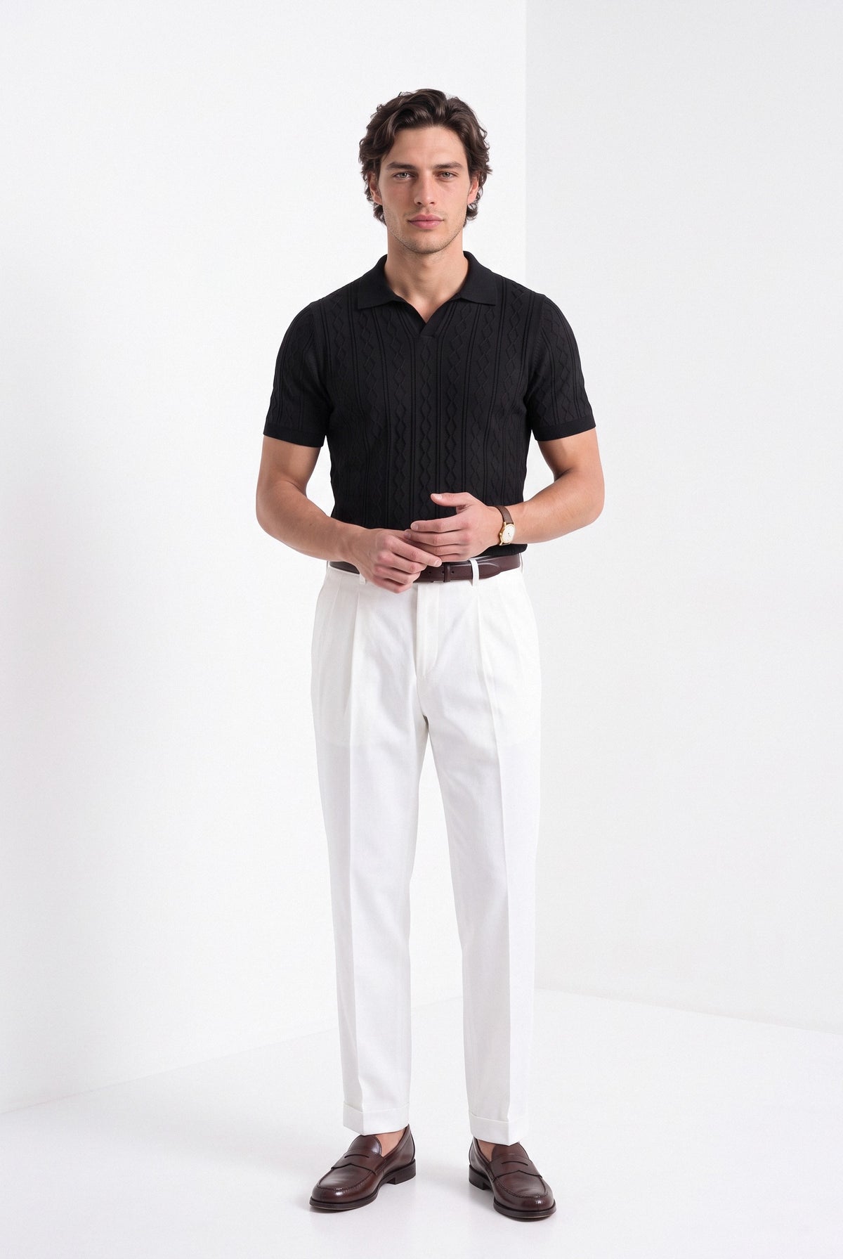 Men's diamond knit polo in black, full-length
