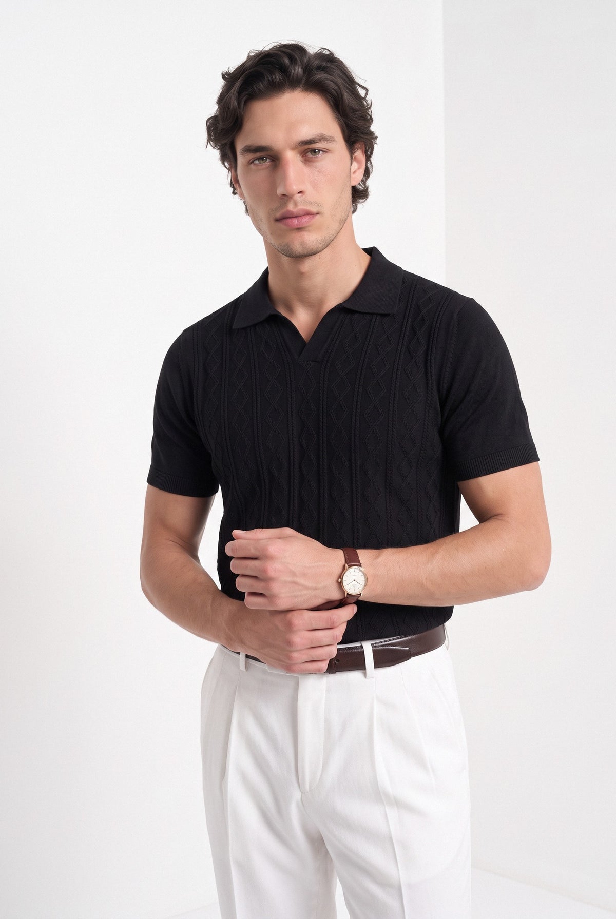 Men's diamond knit polo in black, front portrait