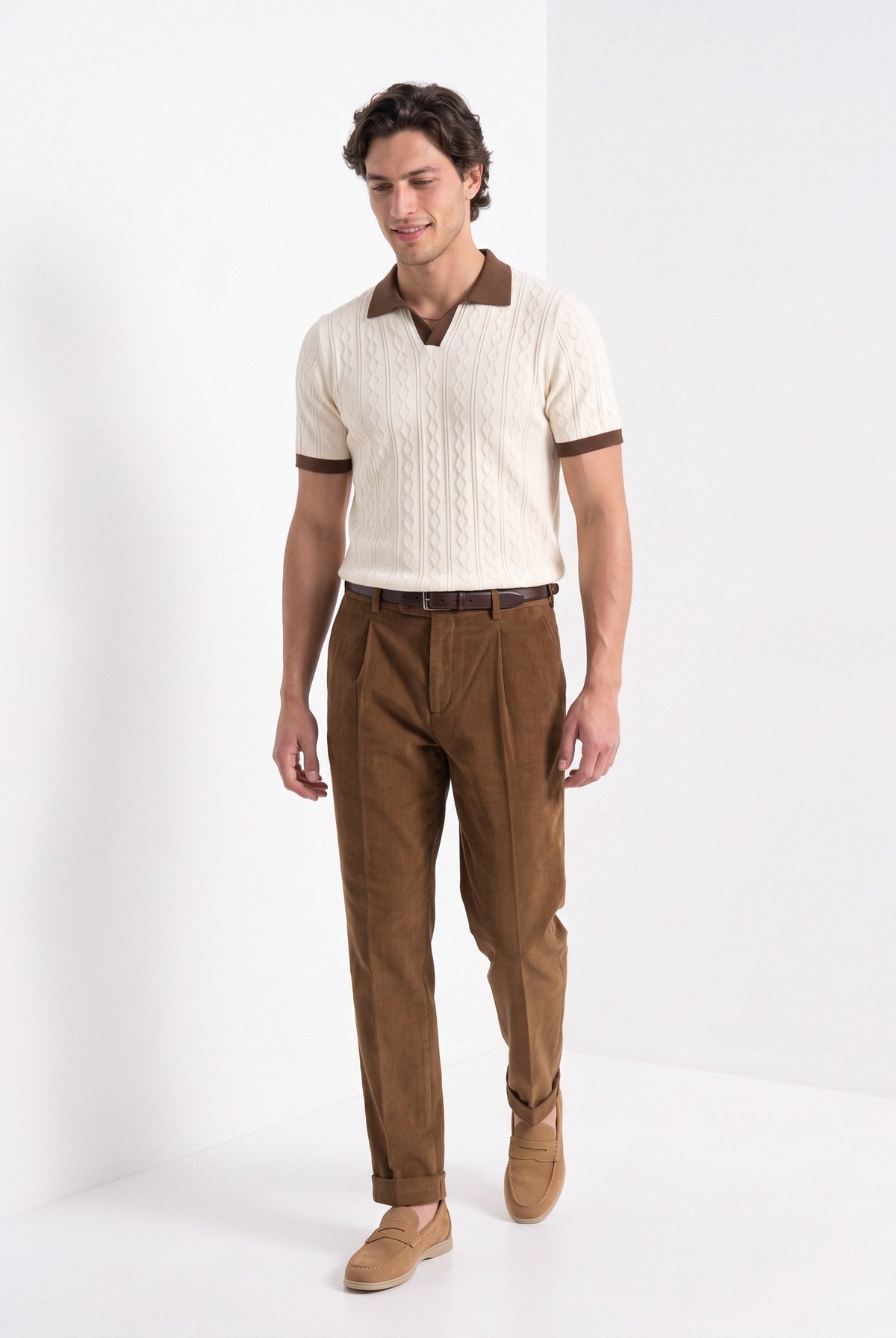 Men's diamond knit polo in cream and brown, full-length