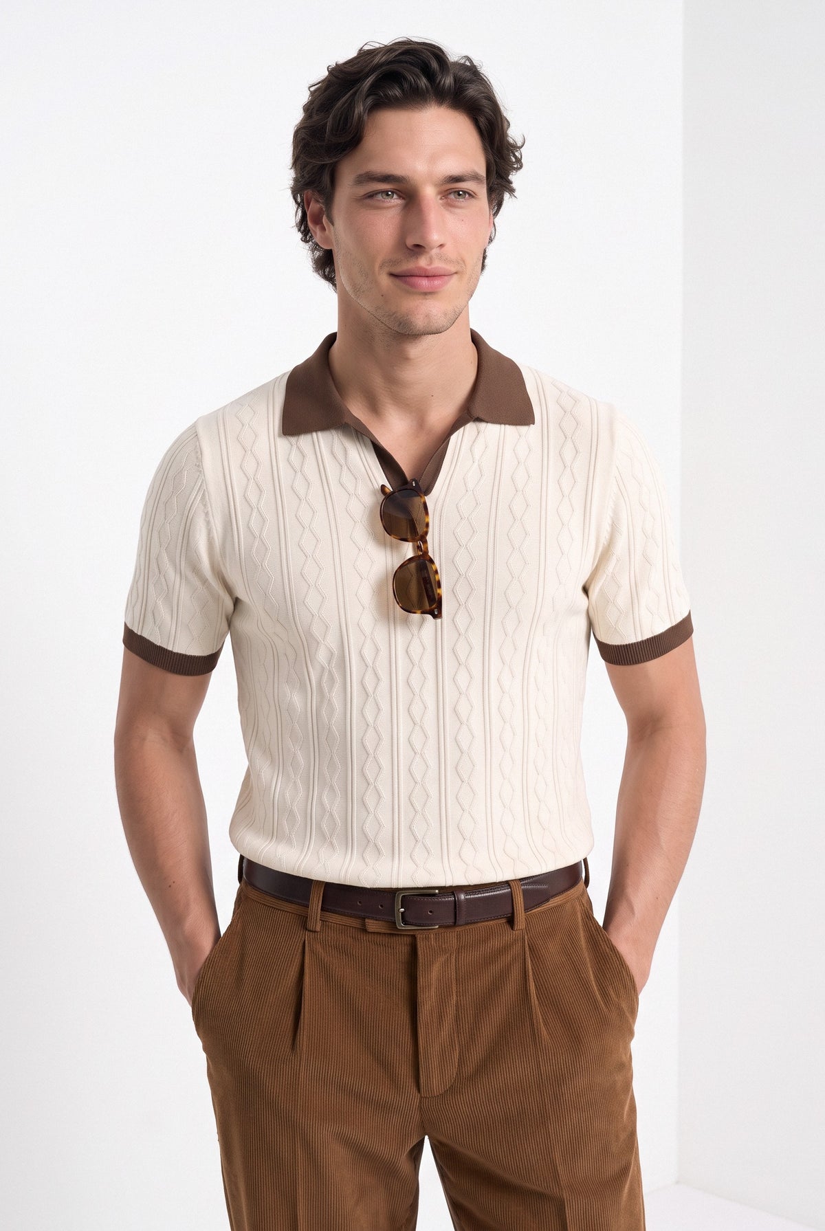 Men's diamond knit polo in cream and brown, front portrait