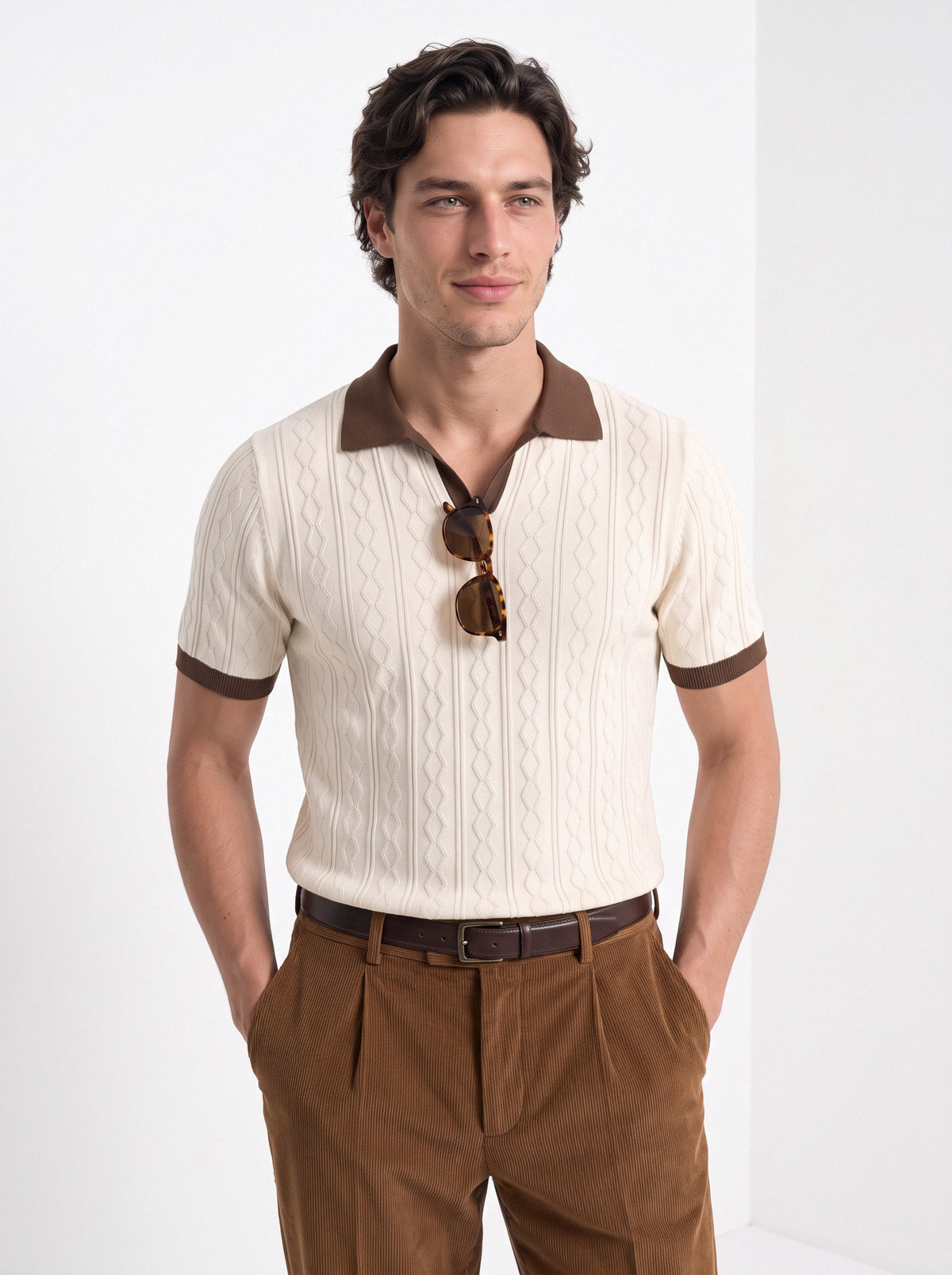 Men's diamond knit polo in cream and brown, front portrait