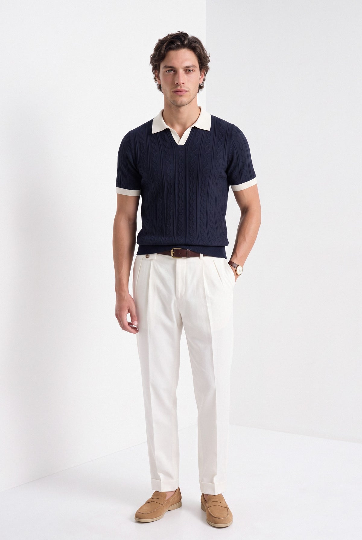 Men's diamond knit polo in navy and white, full-length