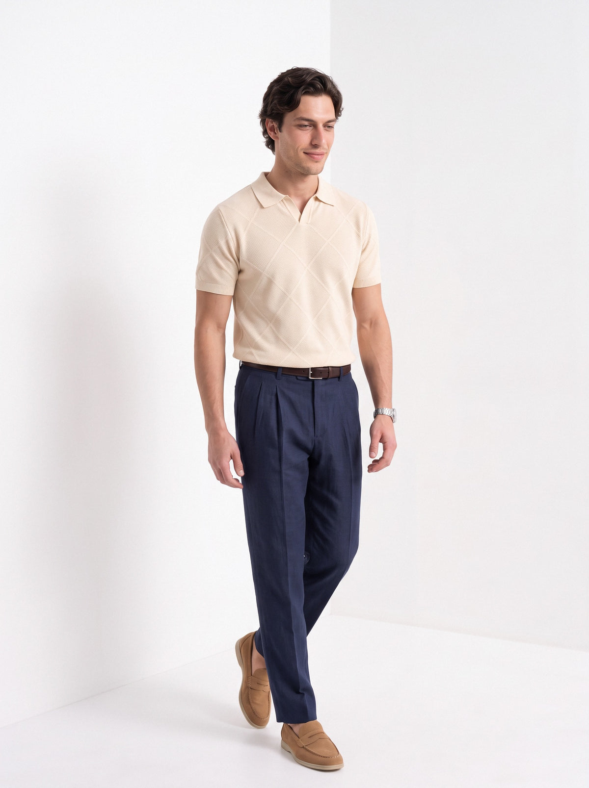 Men's cotton knitted polo shirt in cream, full-length
