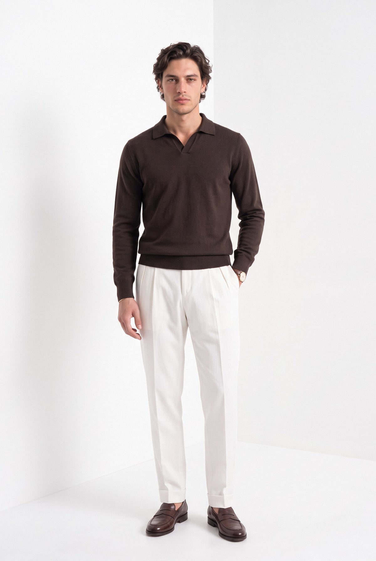 Men's cashmere long sleeve knitted polo in brown, full-length