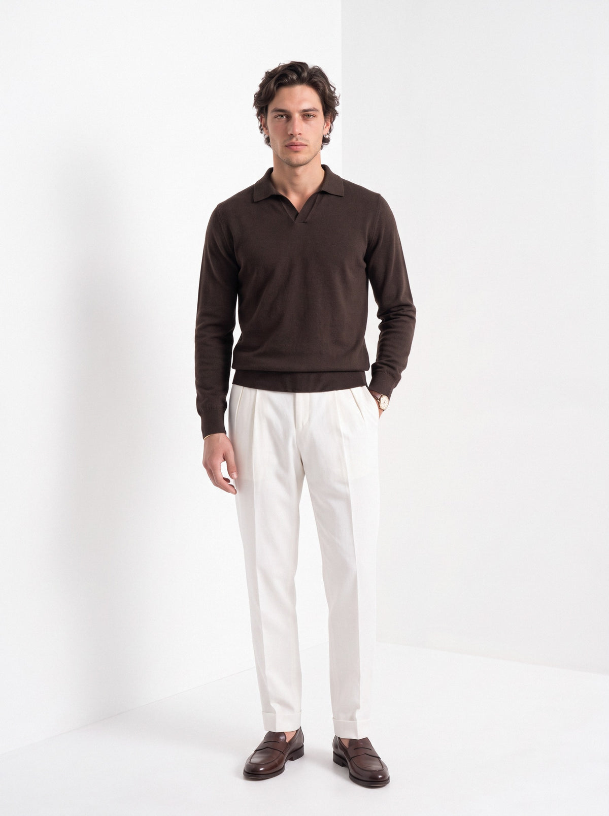 Men's cashmere long sleeve knitted polo in brown, full-length