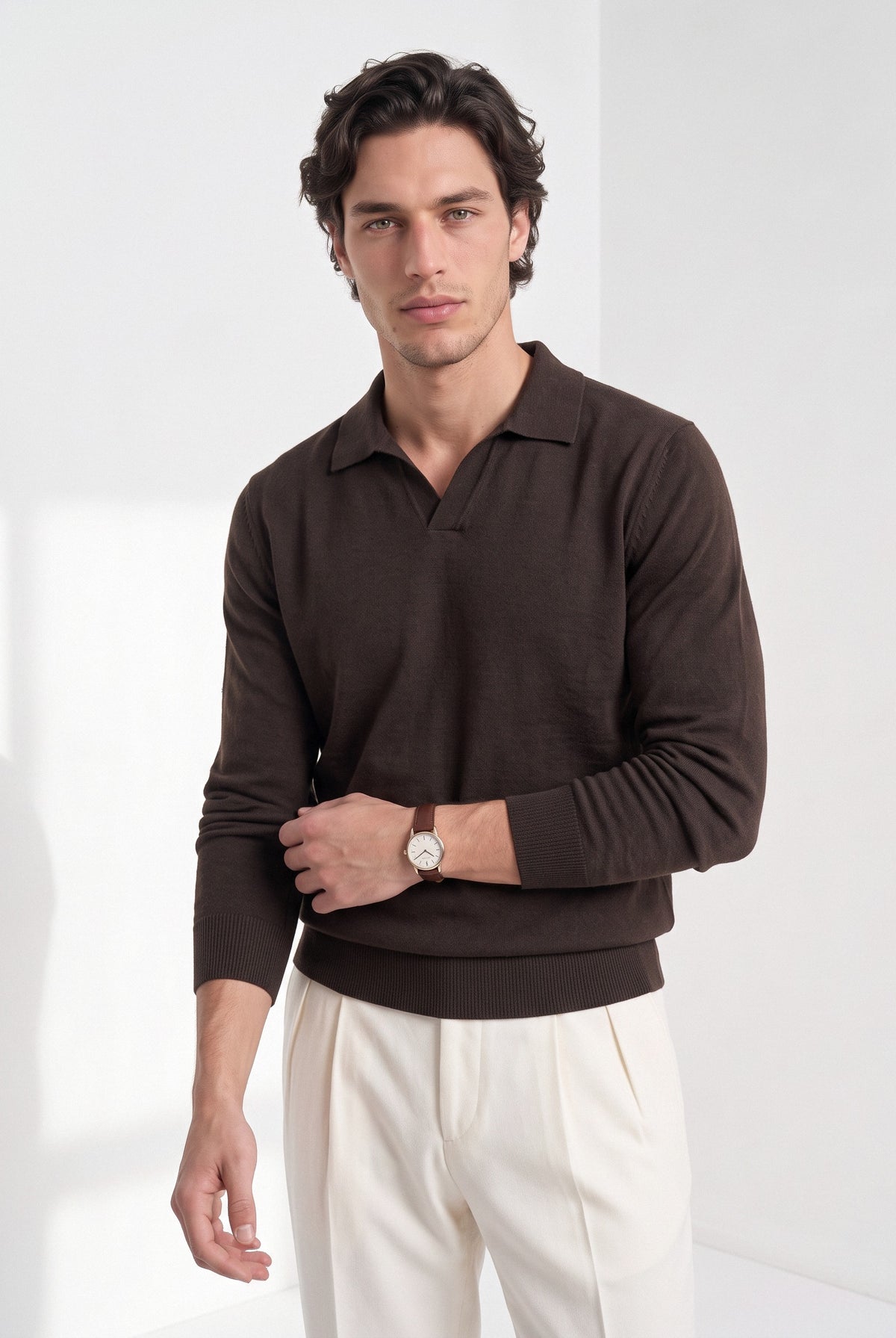 Men's cashmere long sleeve knitted polo in brown, front portrait