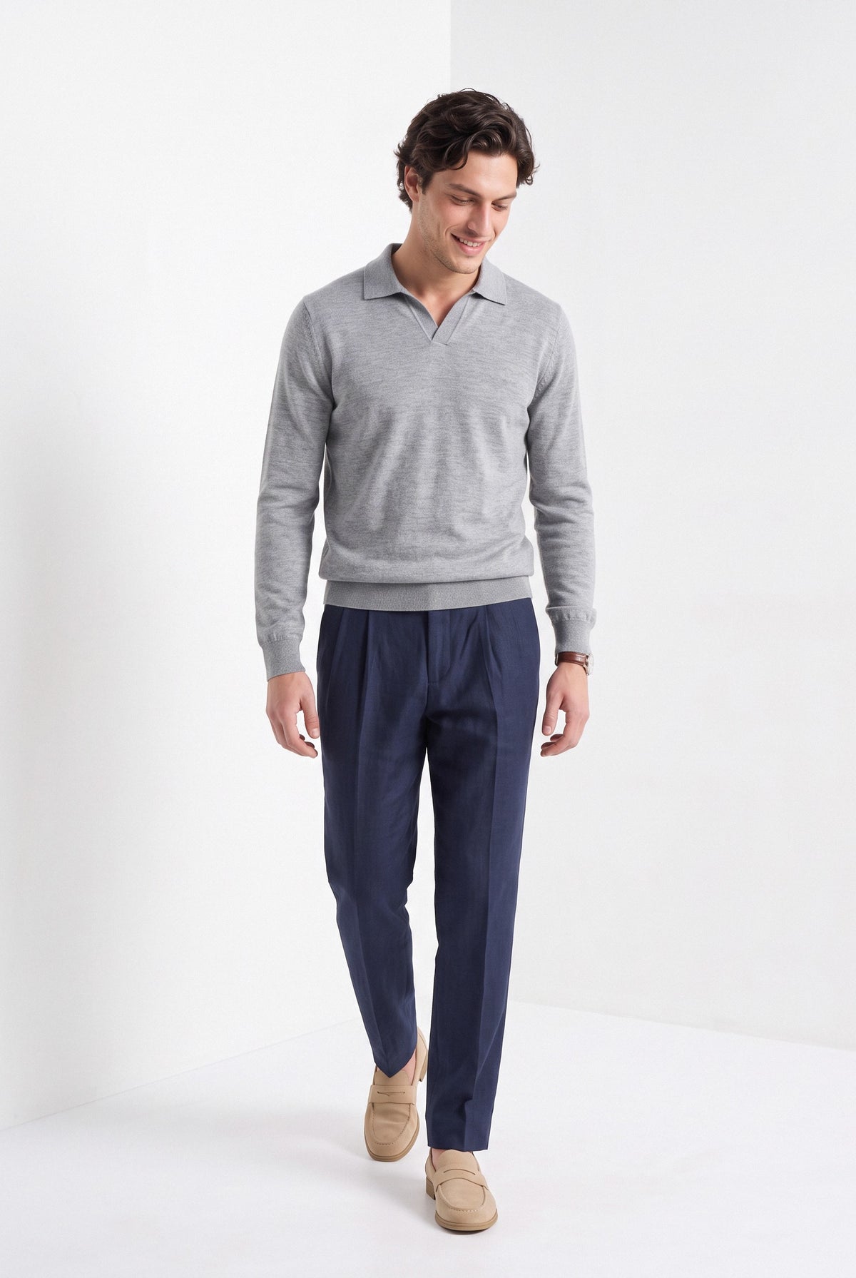Men's cashmere long sleeve knitted polo in light grey, full-length