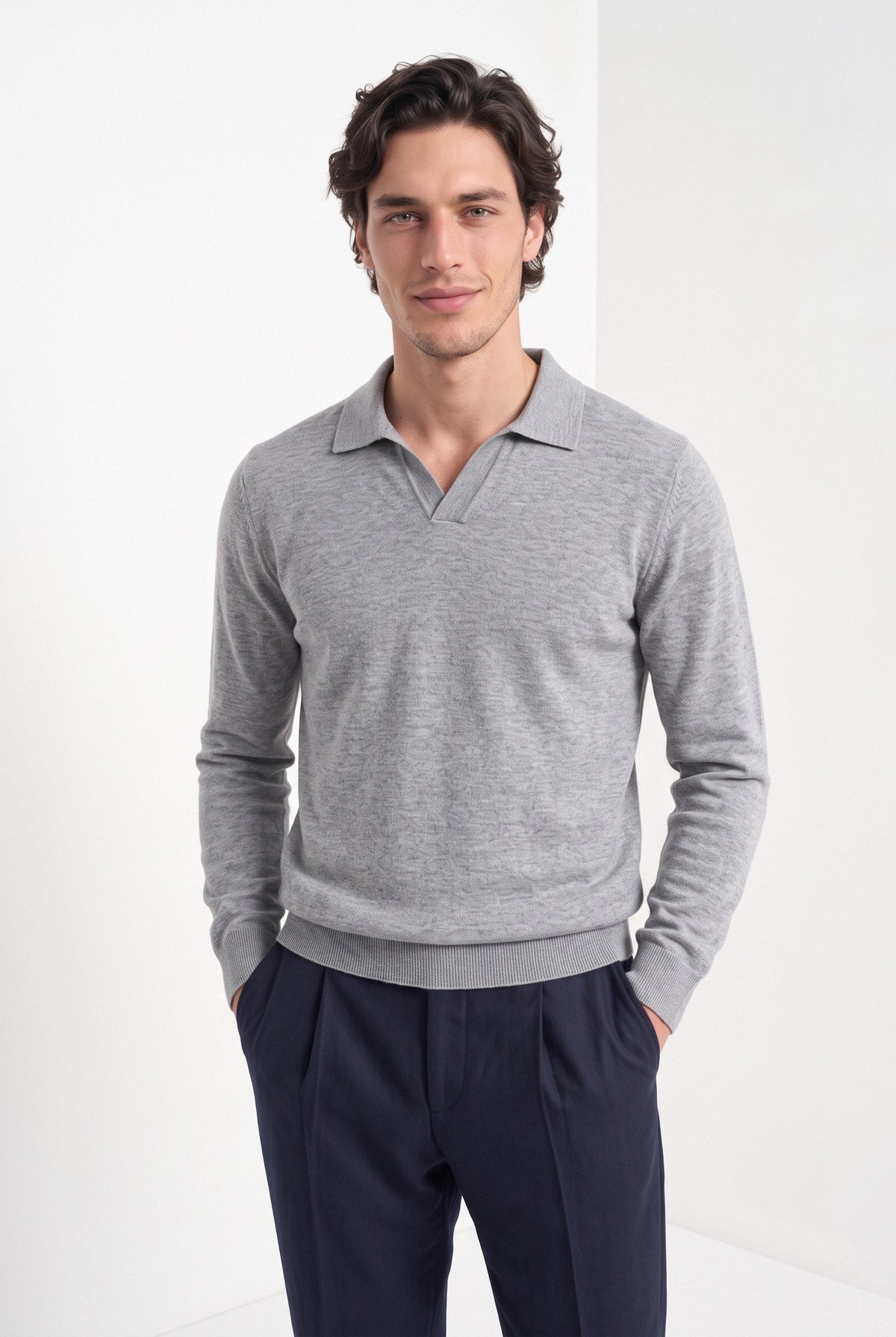 Men's cashmere long sleeve knitted polo in light grey, front portrait