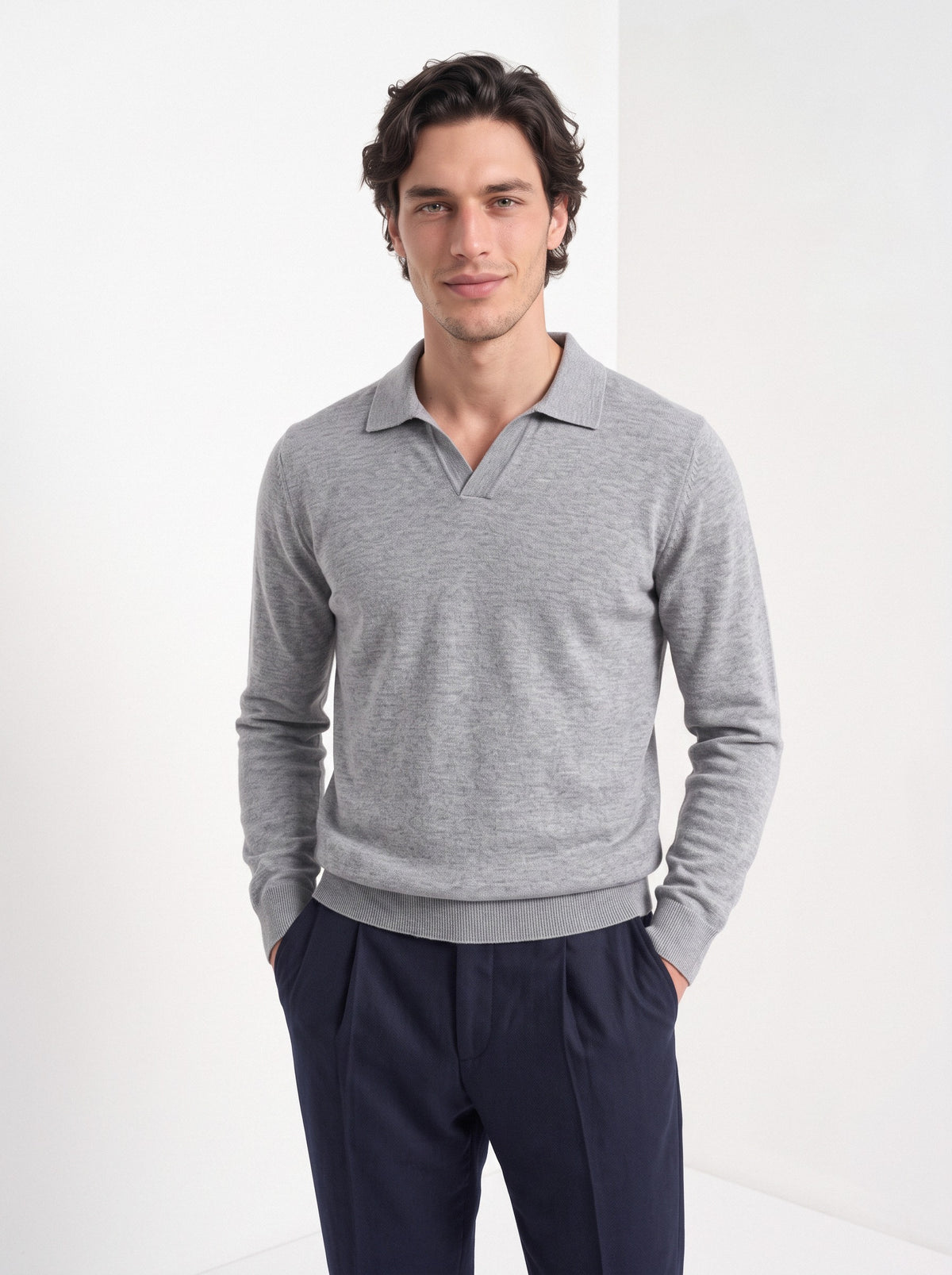 Men's cashmere long sleeve knitted polo in light grey, front portrait