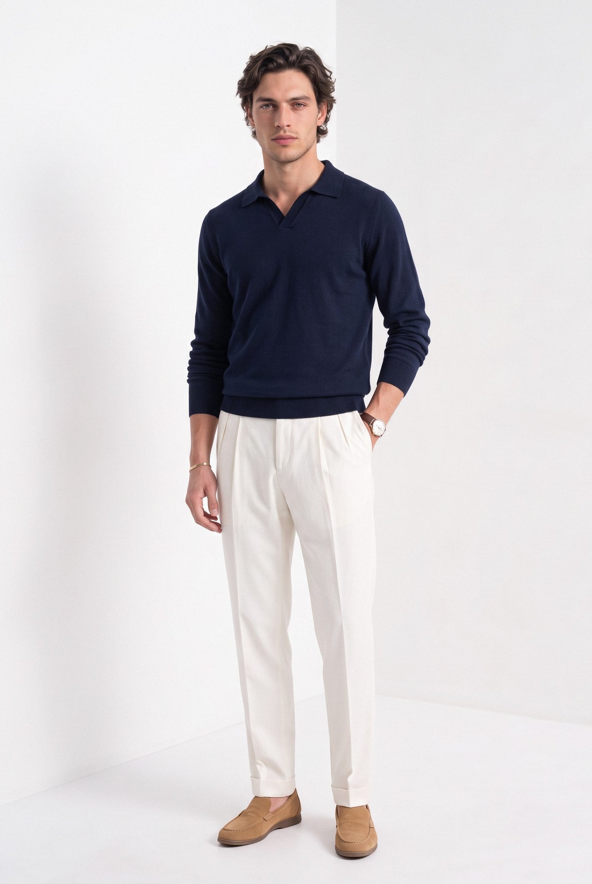 Men's cashmere long sleeve knitted polo in navy, full-length
