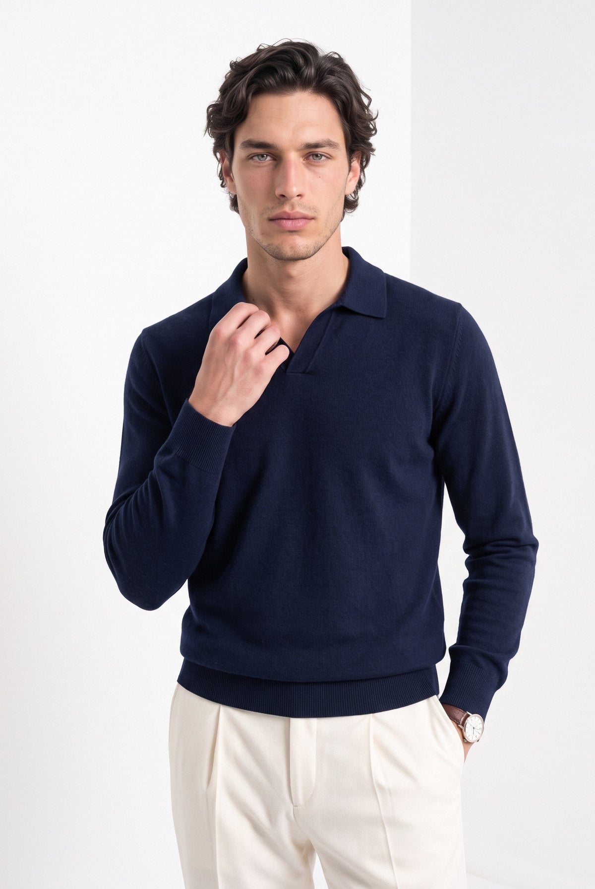 Men's cashmere long sleeve knitted polo in navy, front portrait