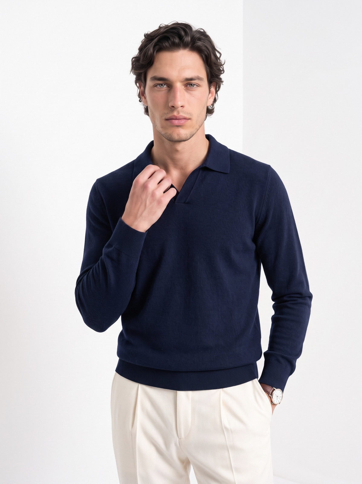 Men's cashmere long sleeve knitted polo in navy, front portrait