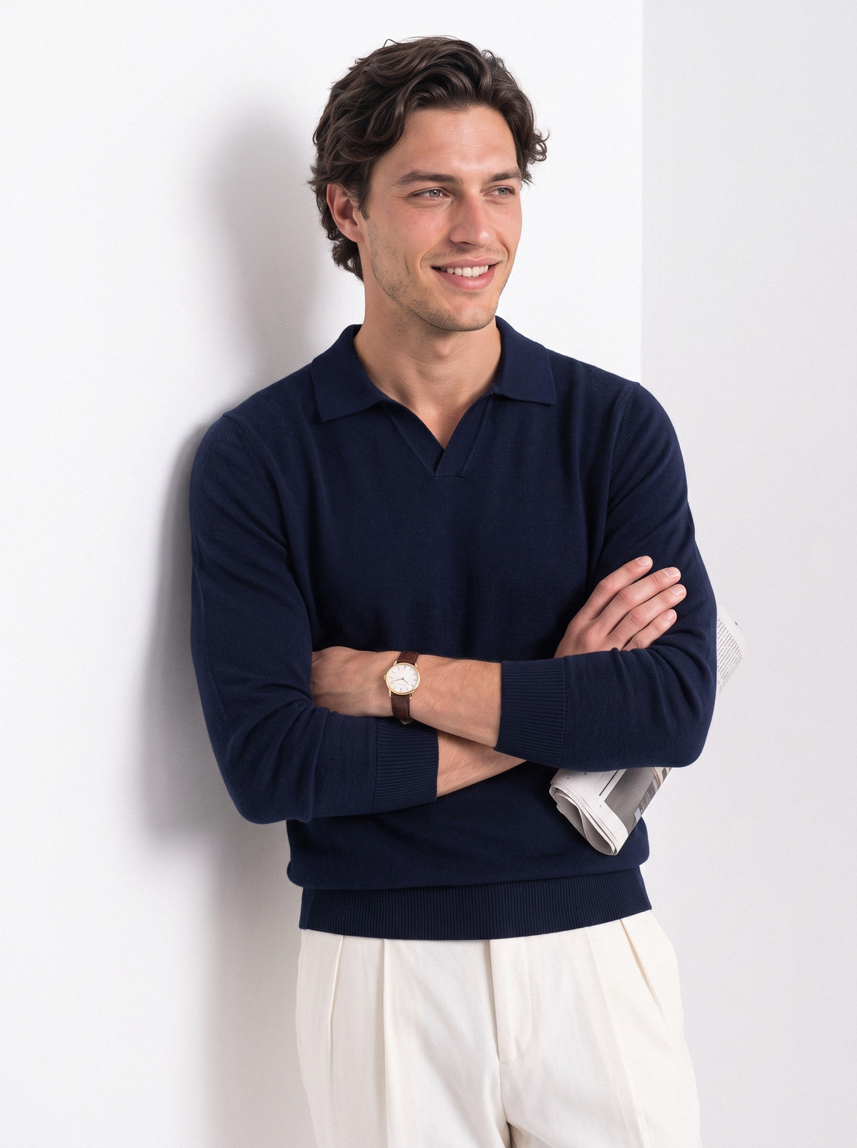 Men's cashmere long sleeve knitted polo in navy, styled