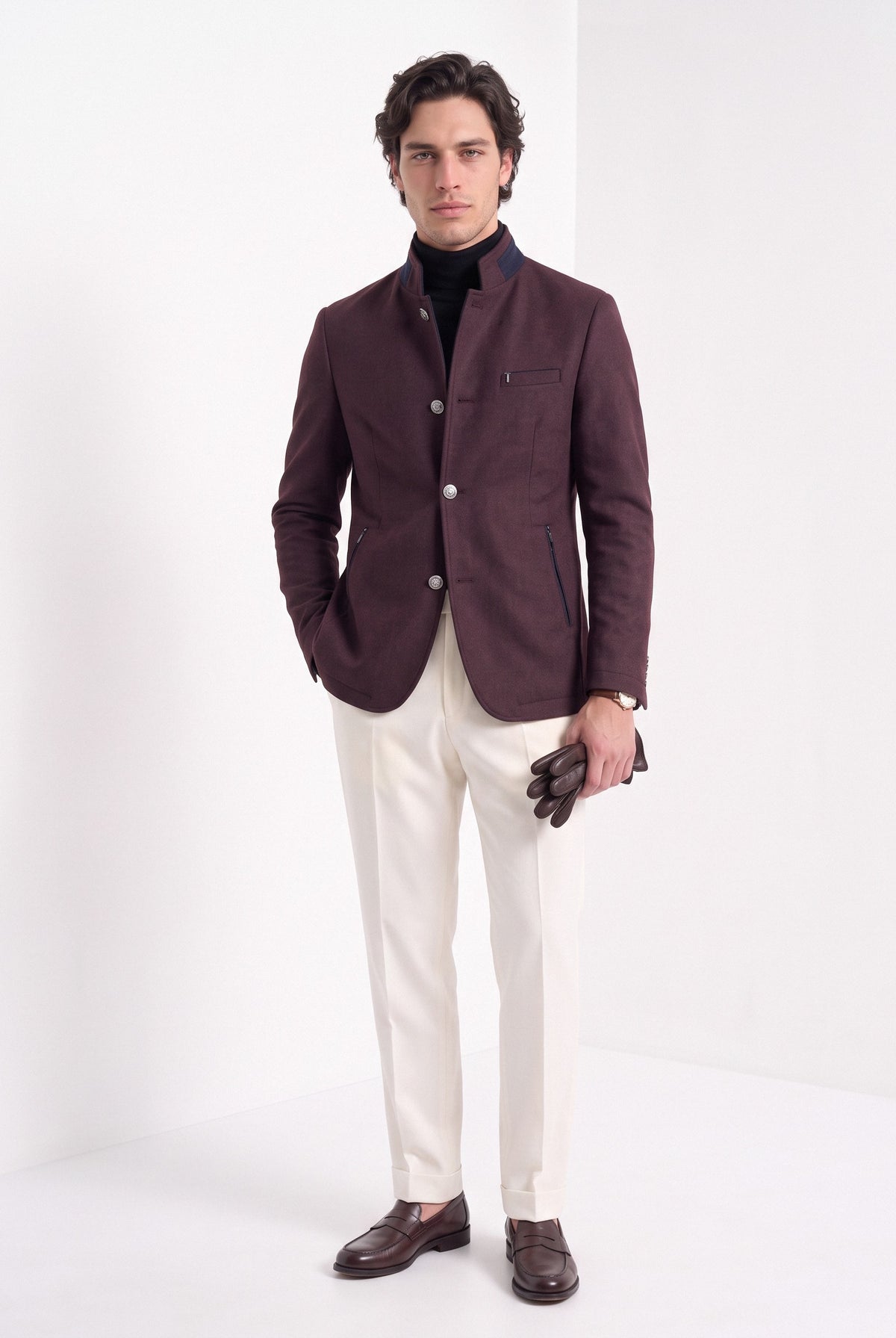 BLENIN men's mandarin collar wool blend jacket in burgundy, full-length look