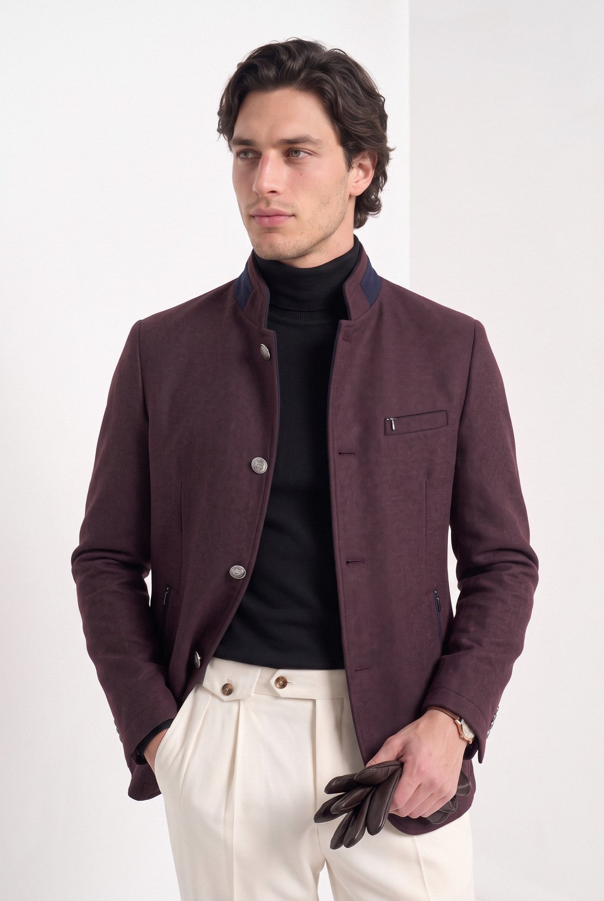 BLENIN men's mandarin collar wool blend jacket in burgundy, upper body
