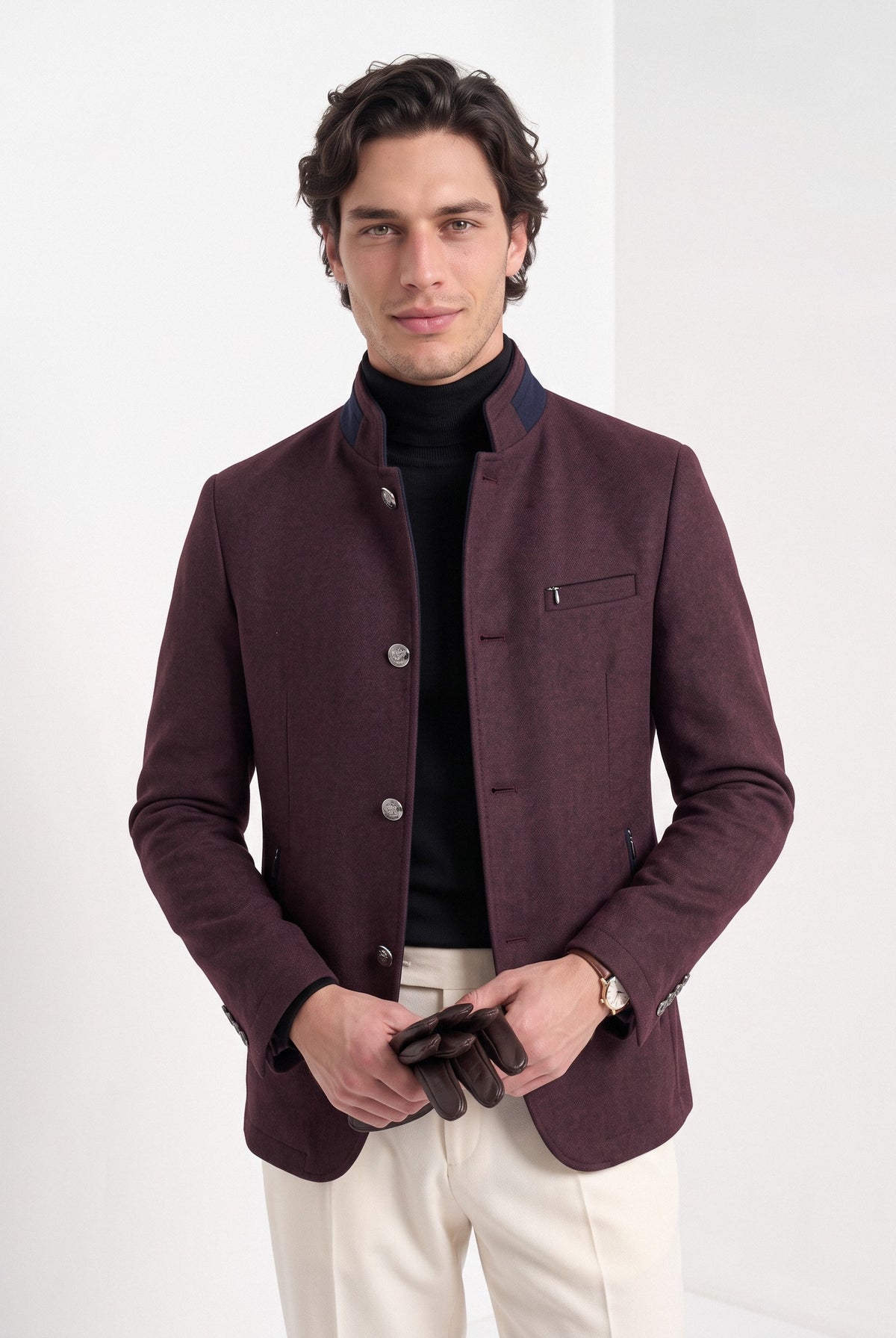 BLENIN men's mandarin collar wool blend jacket in burgundy, front portrait