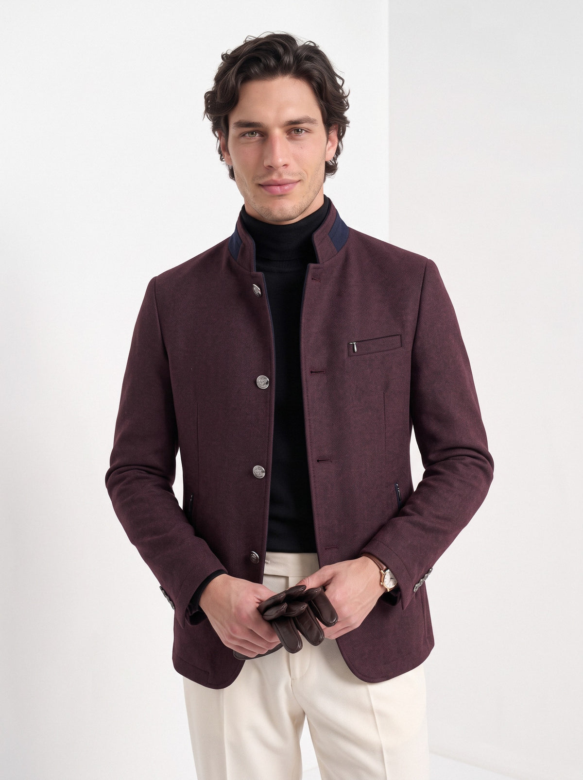 BLENIN men's mandarin collar wool blend jacket in burgundy, front portrait