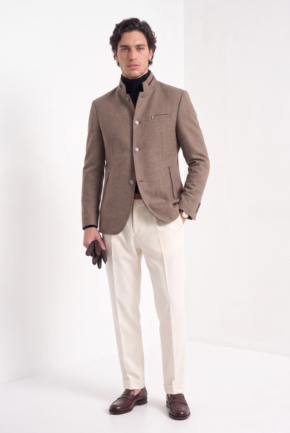 BLENIN men's mandarin collar wool blend jacket in camel, full-length look