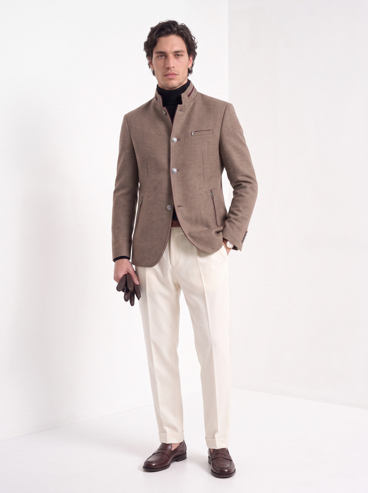 BLENIN men's mandarin collar wool blend jacket in camel, full-length look
