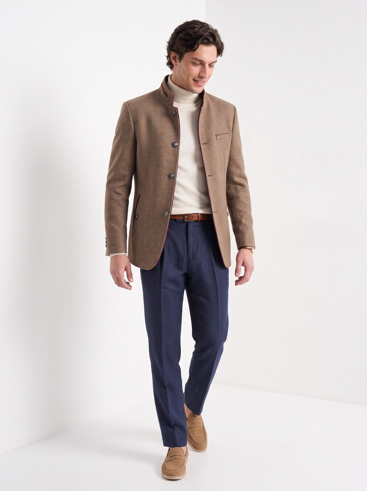 BLENIN men's mandarin collar wool blend jacket in camel, full outfit, walking