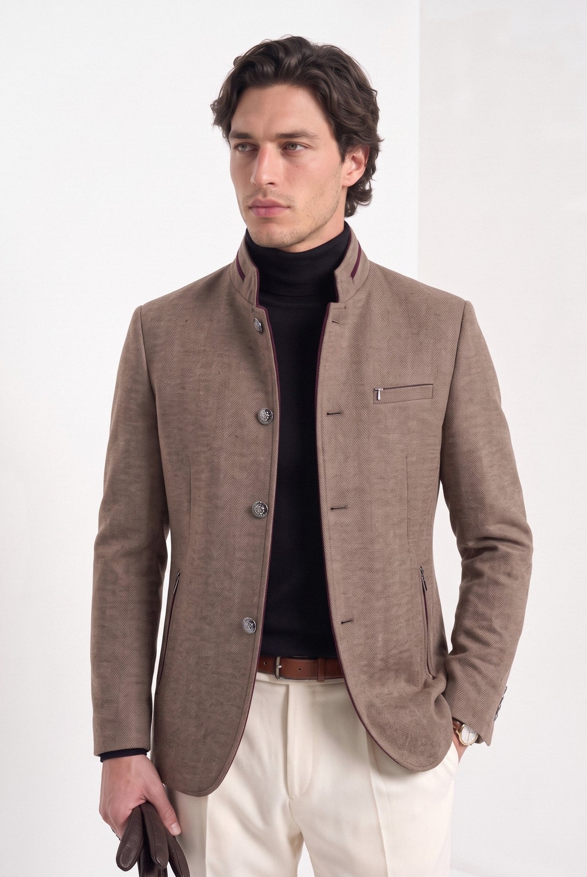 BLENIN men's mandarin collar wool blend jacket in camel, upper body