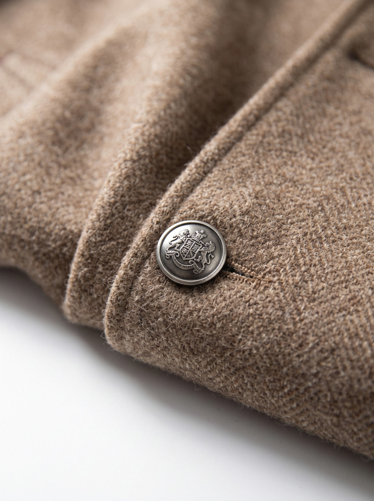 BLENIN men's mandarin collar wool blend jacket in camel, fabric close-up
