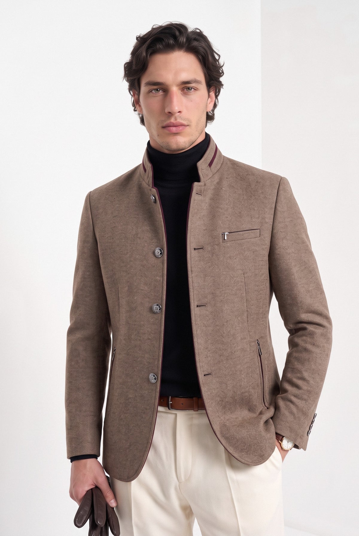 BLENIN men's mandarin collar wool blend jacket in camel, front portrait