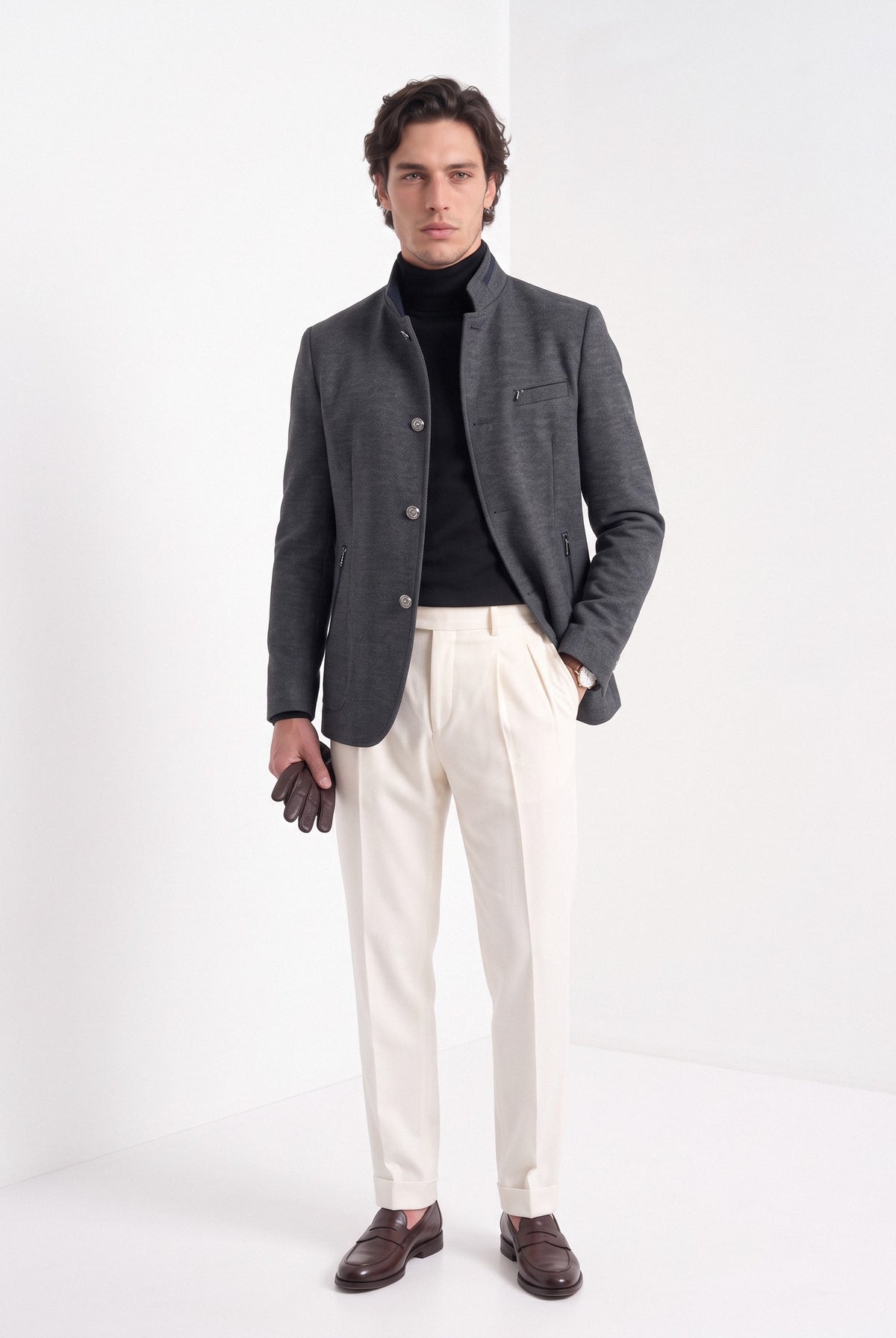 BLENIN men's mandarin collar wool blend jacket in grey, full-length look