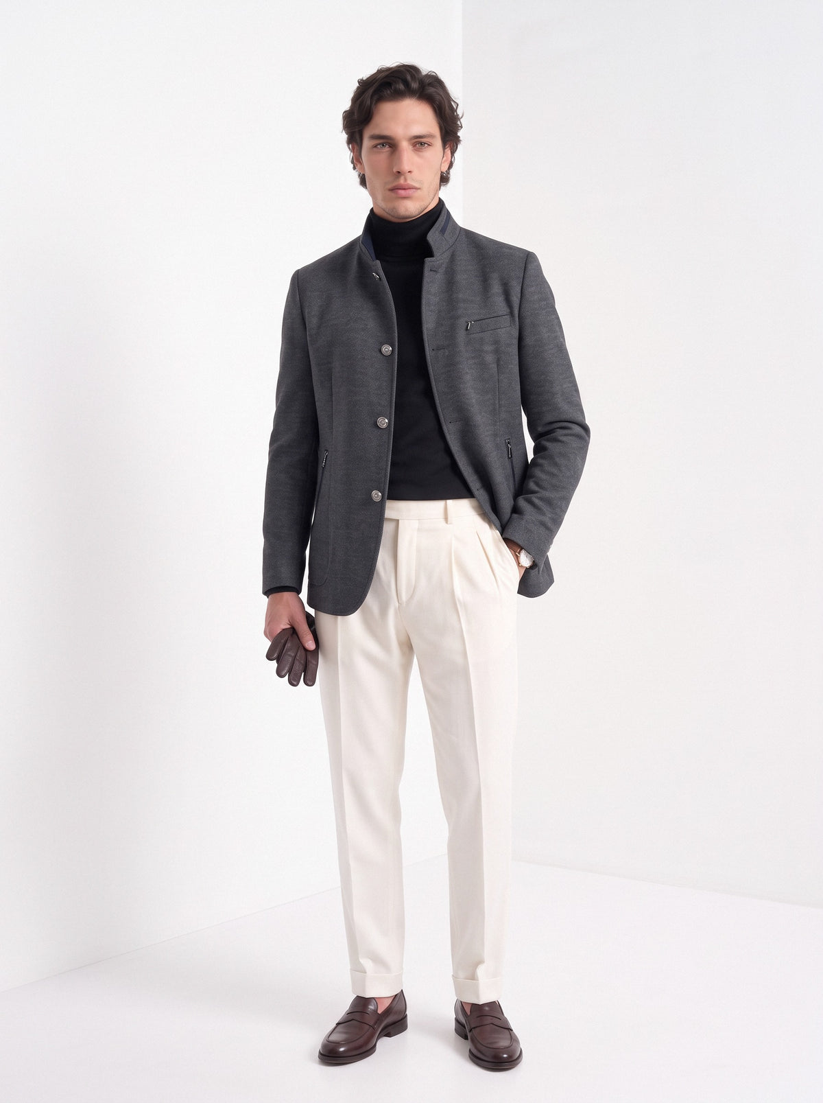 BLENIN men's mandarin collar wool blend jacket in grey, full-length look